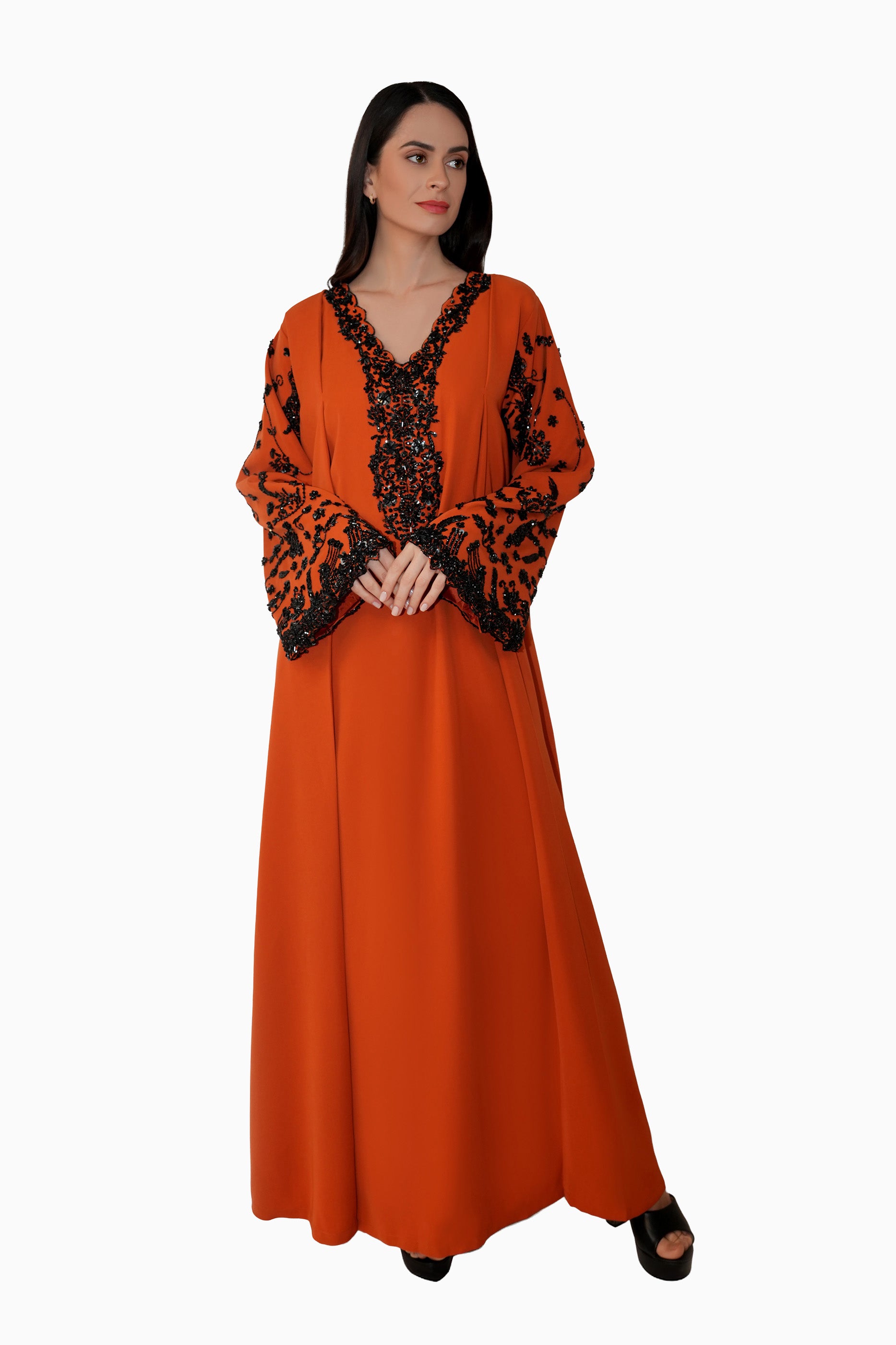 Nasrin Brown - Embroidered Floral Kaftan Dress