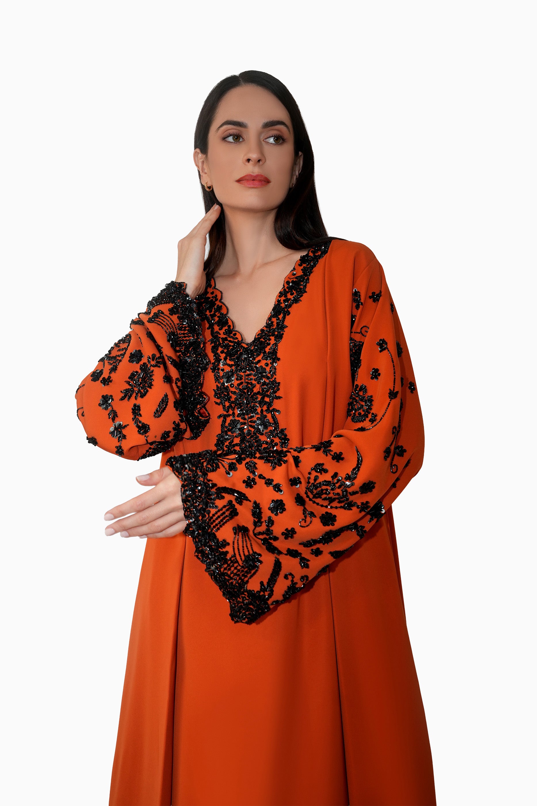 Nasrin Brown - Embroidered Floral Kaftan Dress