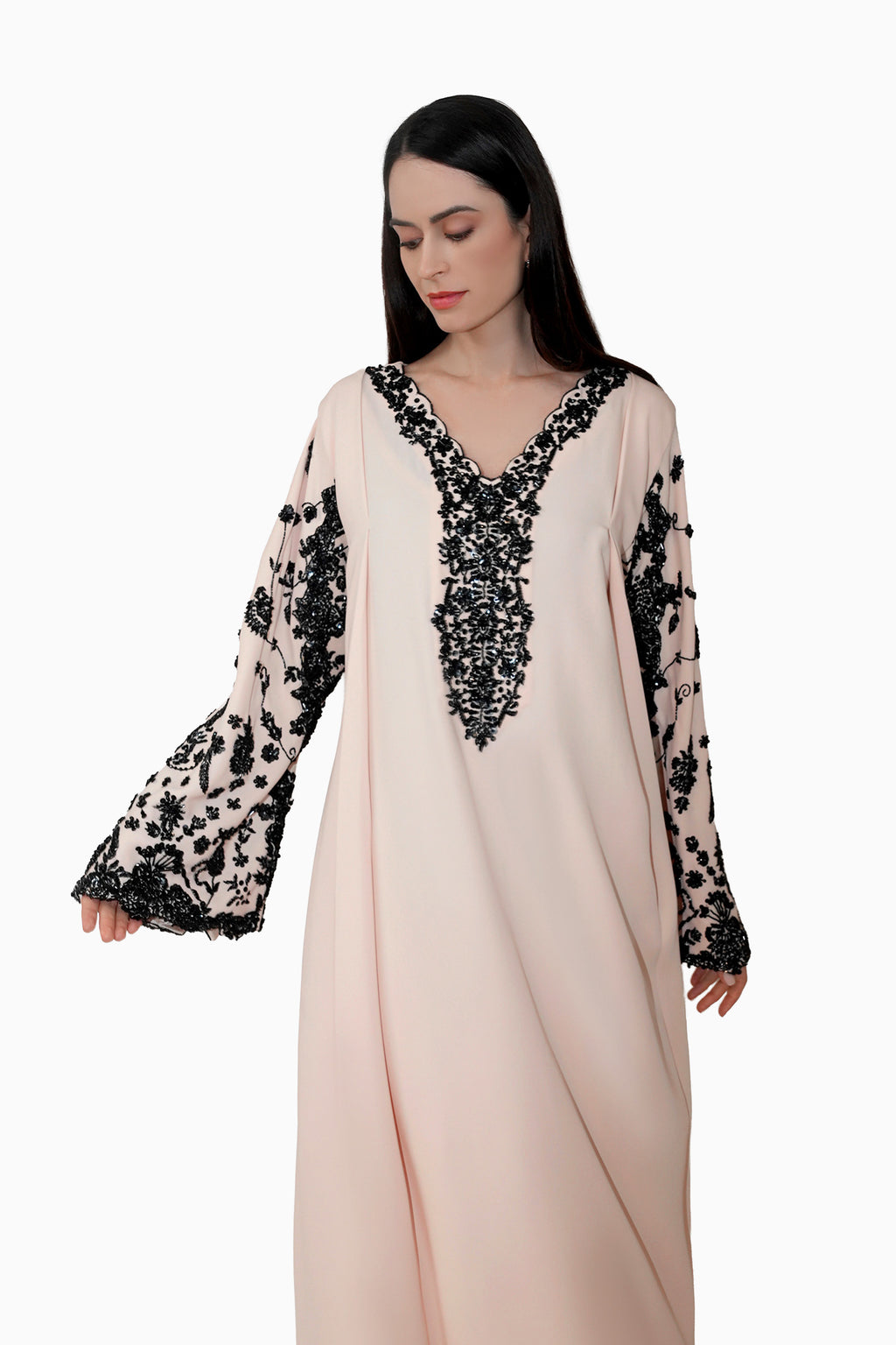 Nasrin Cream - Embroidered Floral Kaftan Dress