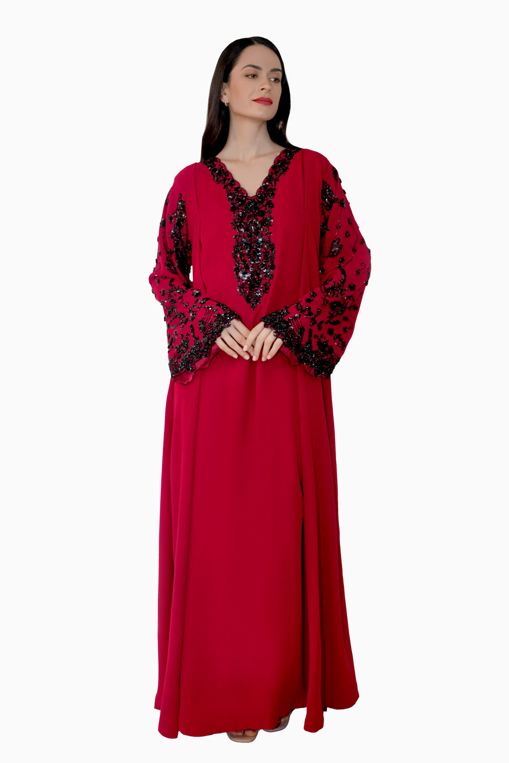 Nasrin Red - Embroidered Floral Kaftan Dress