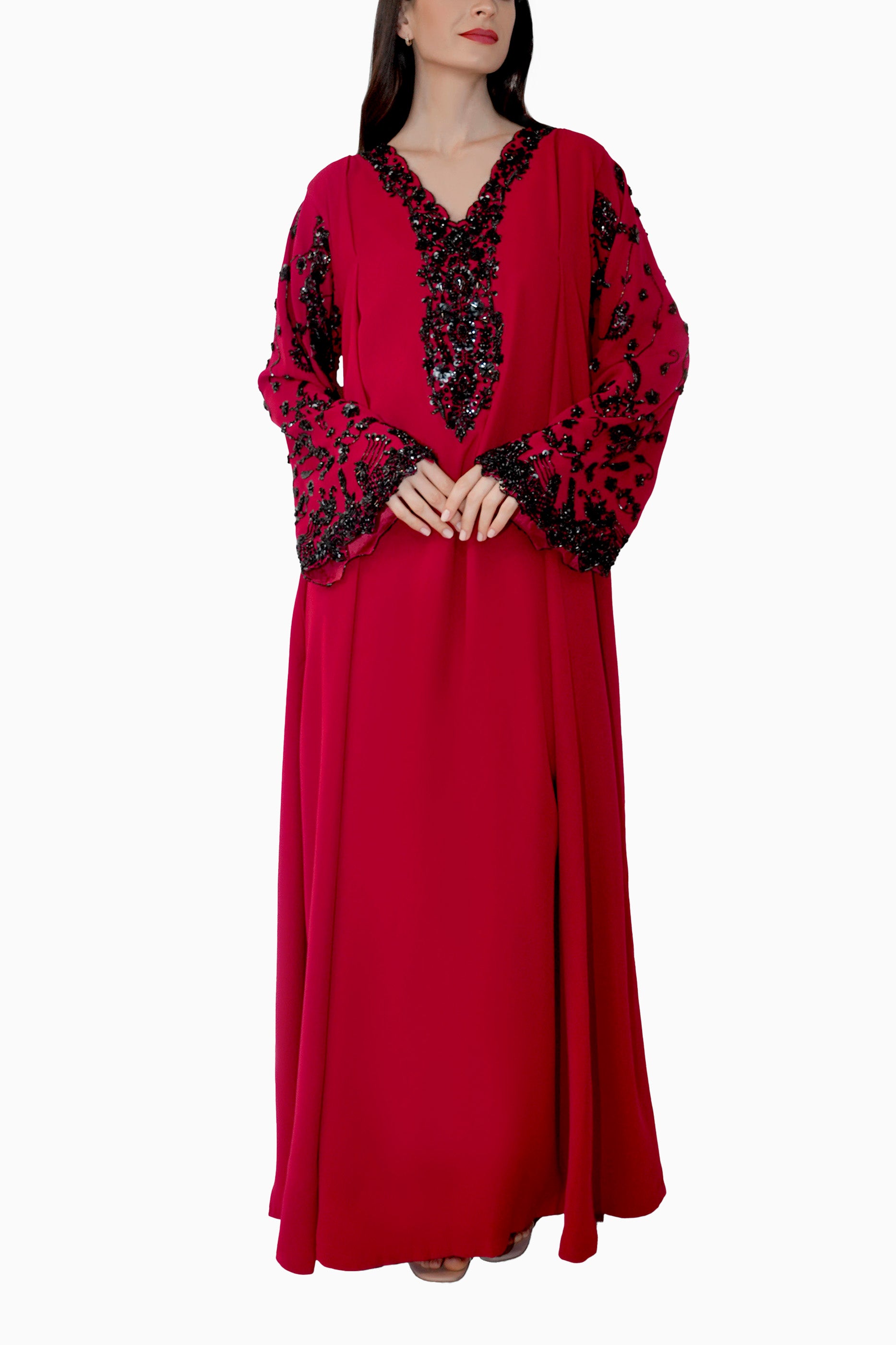 Nasrin Red - Embroidered Floral Kaftan Dress