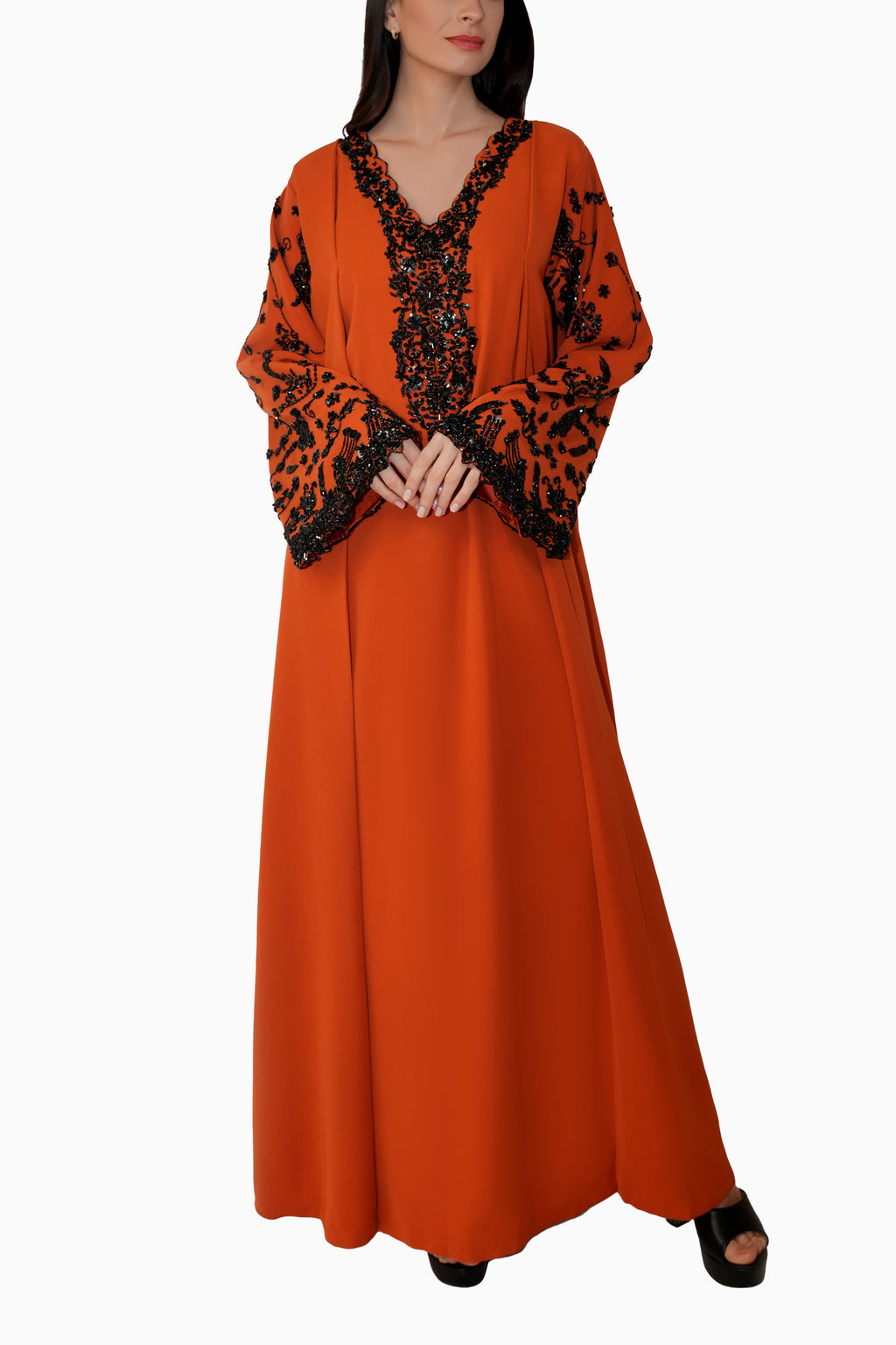 Nasrin Brown - Embroidered Floral Kaftan Dress