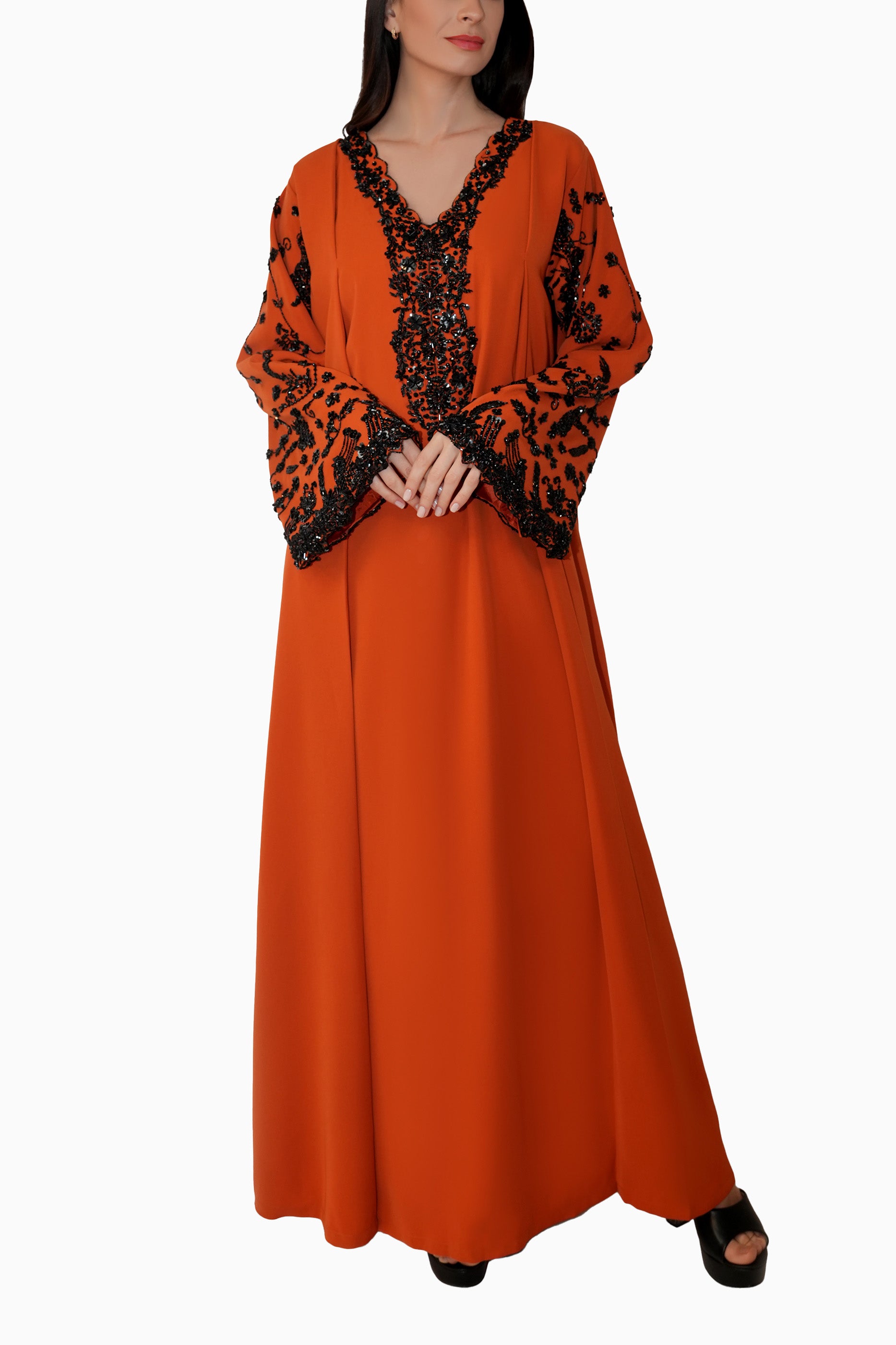 Nasrin Brown - Embroidered Floral Kaftan Dress