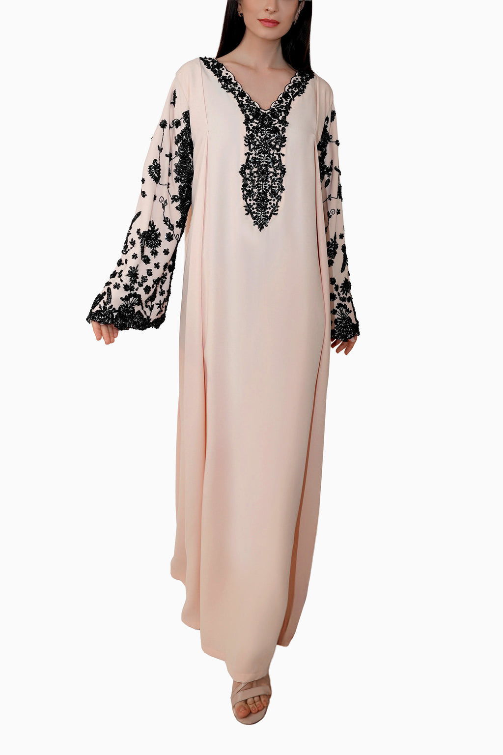Nasrin Cream - Embroidered Floral Kaftan Dress