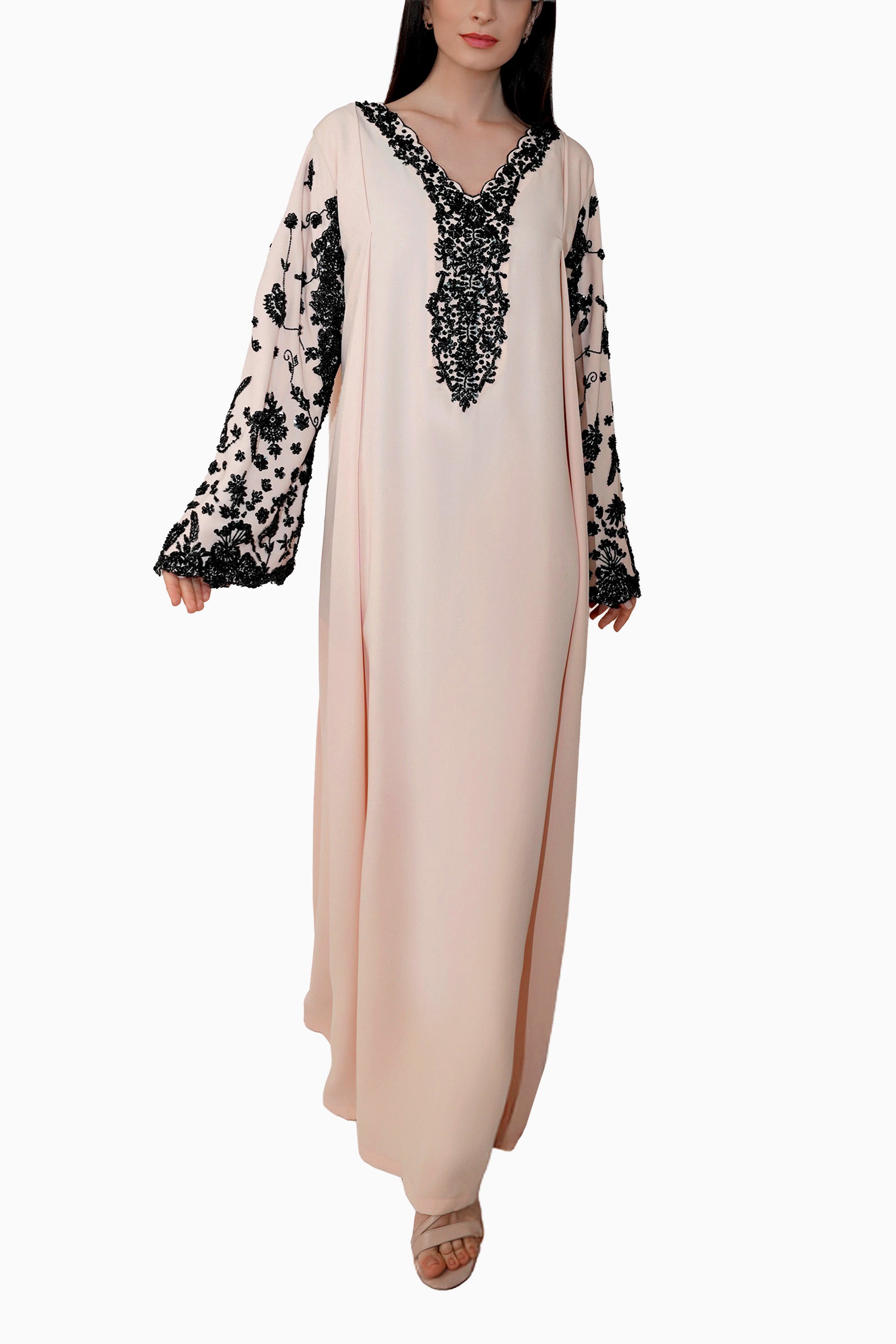 Nasrin Cream - Embroidered Floral Kaftan Dress