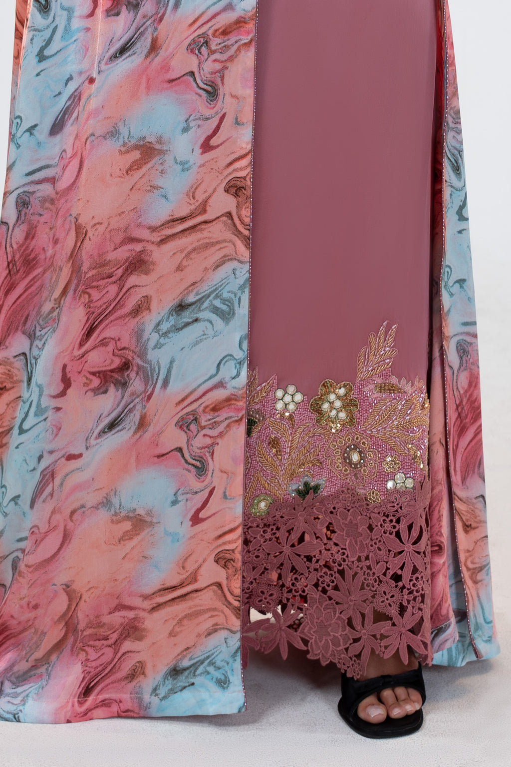 Saja Blush- Floral Lace Embroidered Kaftan with Inner dress Set