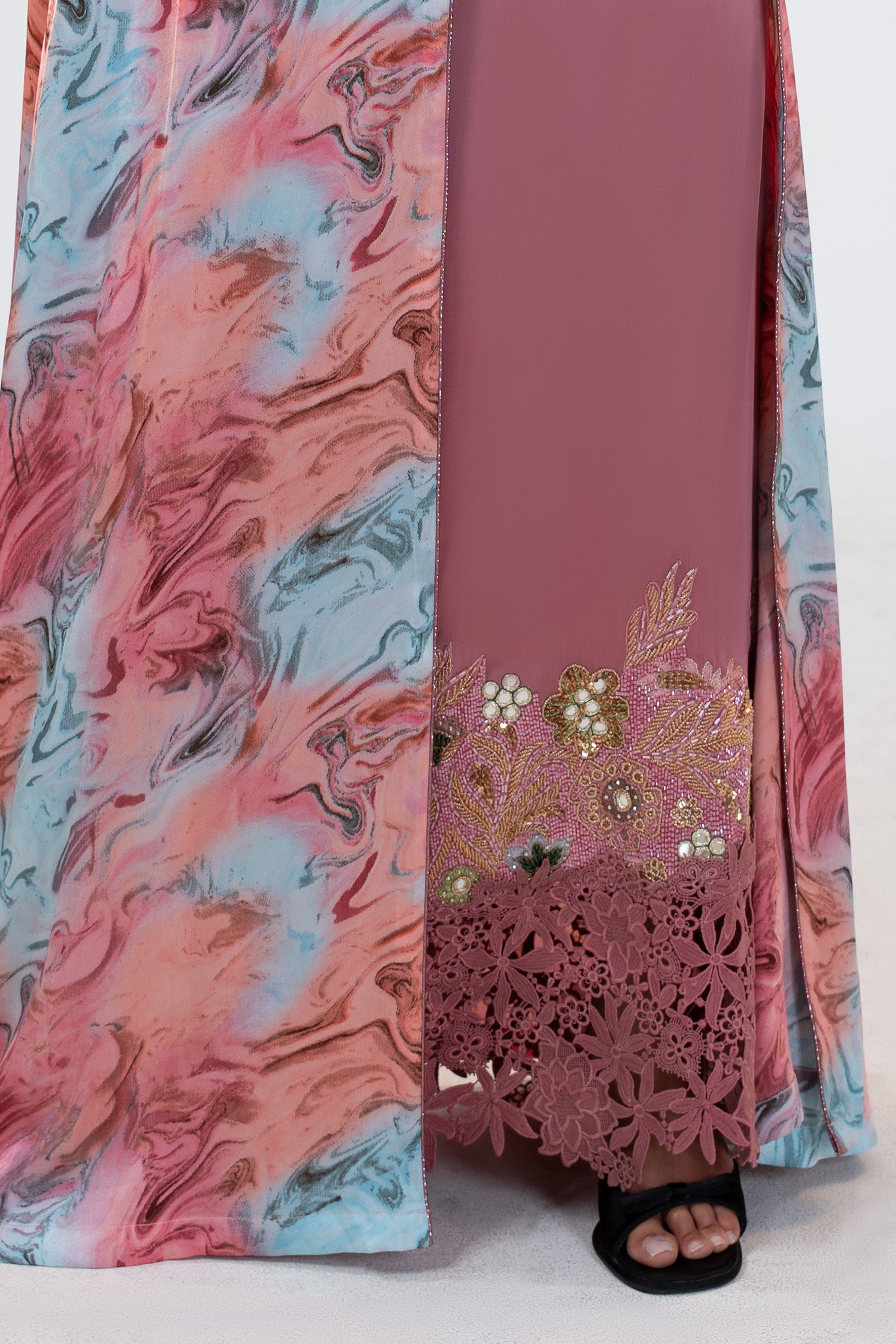Saja Blush- Floral Lace Embroidered Kaftan with Inner dress Set
