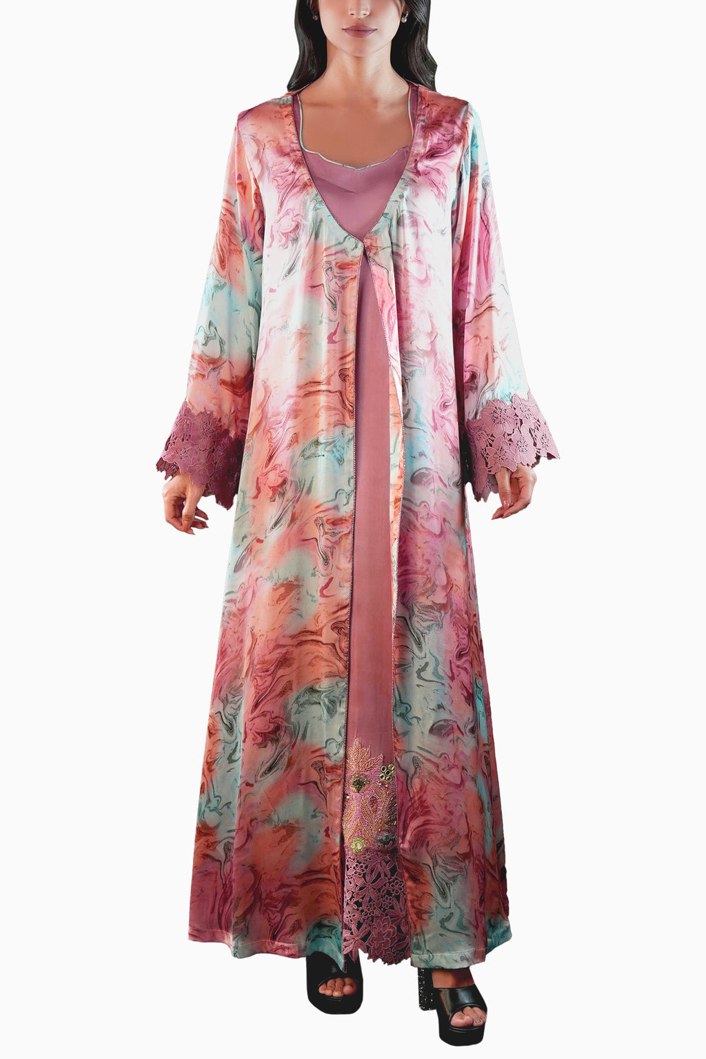 Saja Blush- Floral Lace Embroidered Kaftan with Inner dress Set