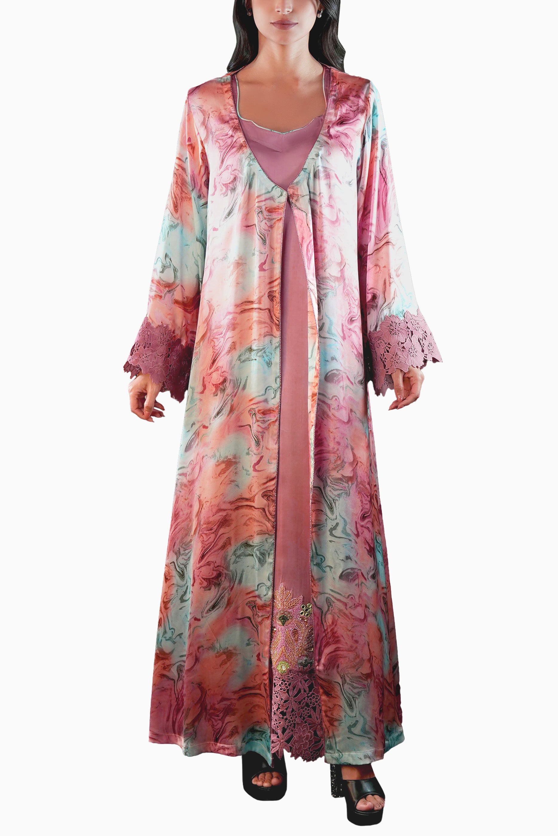 Saja Blush- Floral Lace Embroidered Kaftan with Inner dress Set