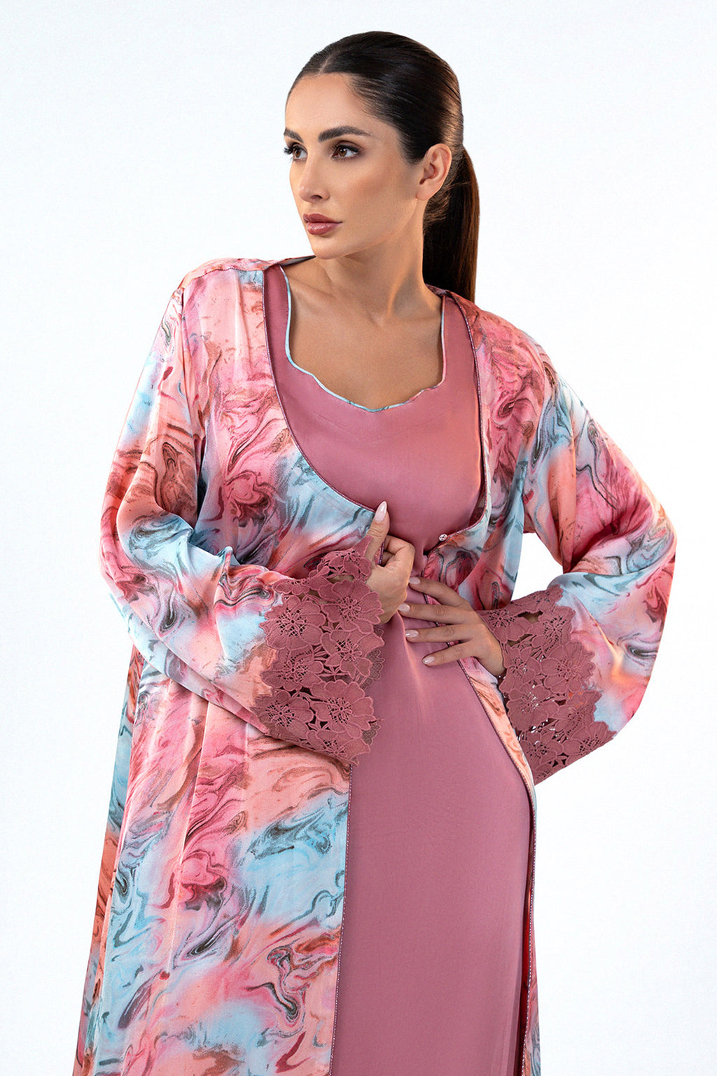 Saja Blush- Floral Lace Embroidered Kaftan with Inner dress Set