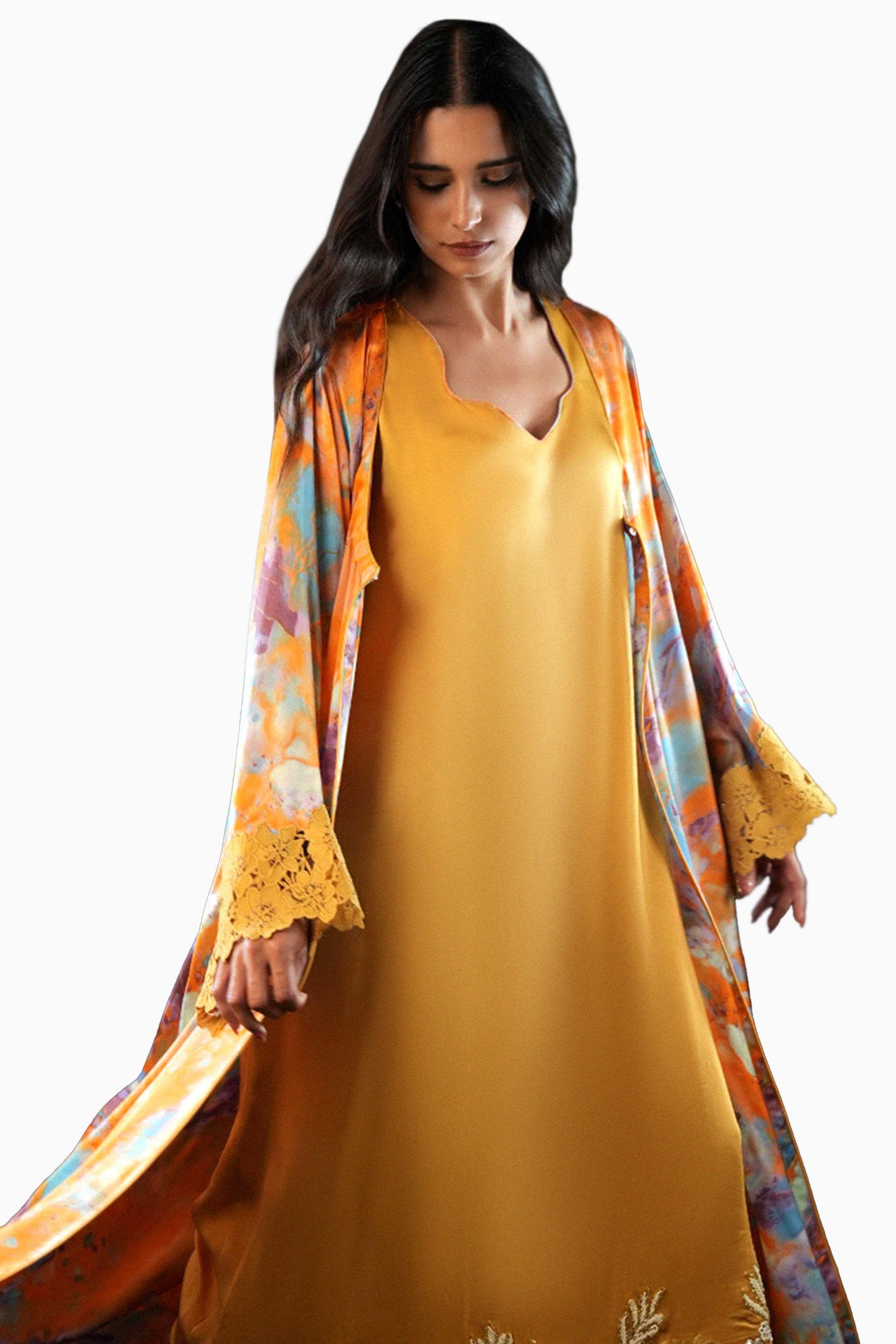 Saja Sunset- Floral Lace Embroidered Kaftan with Inner dress Set