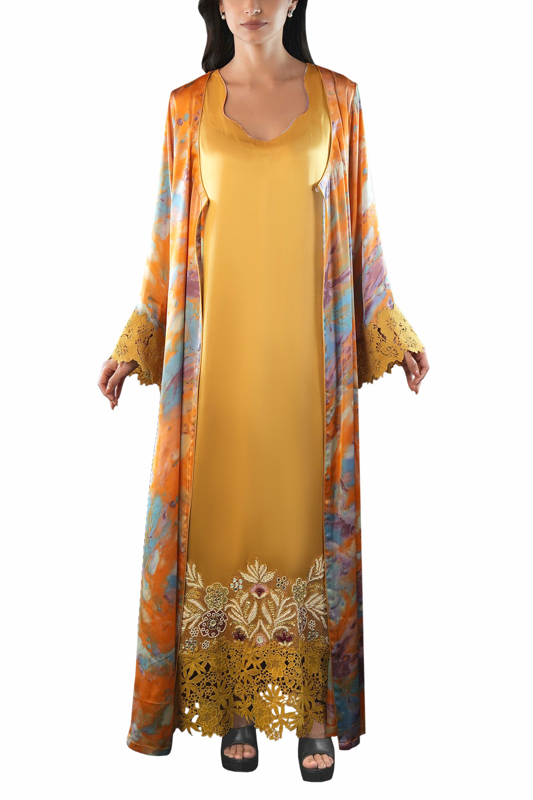 Saja Sunset- Floral Lace Embroidered Kaftan with Inner dress Set