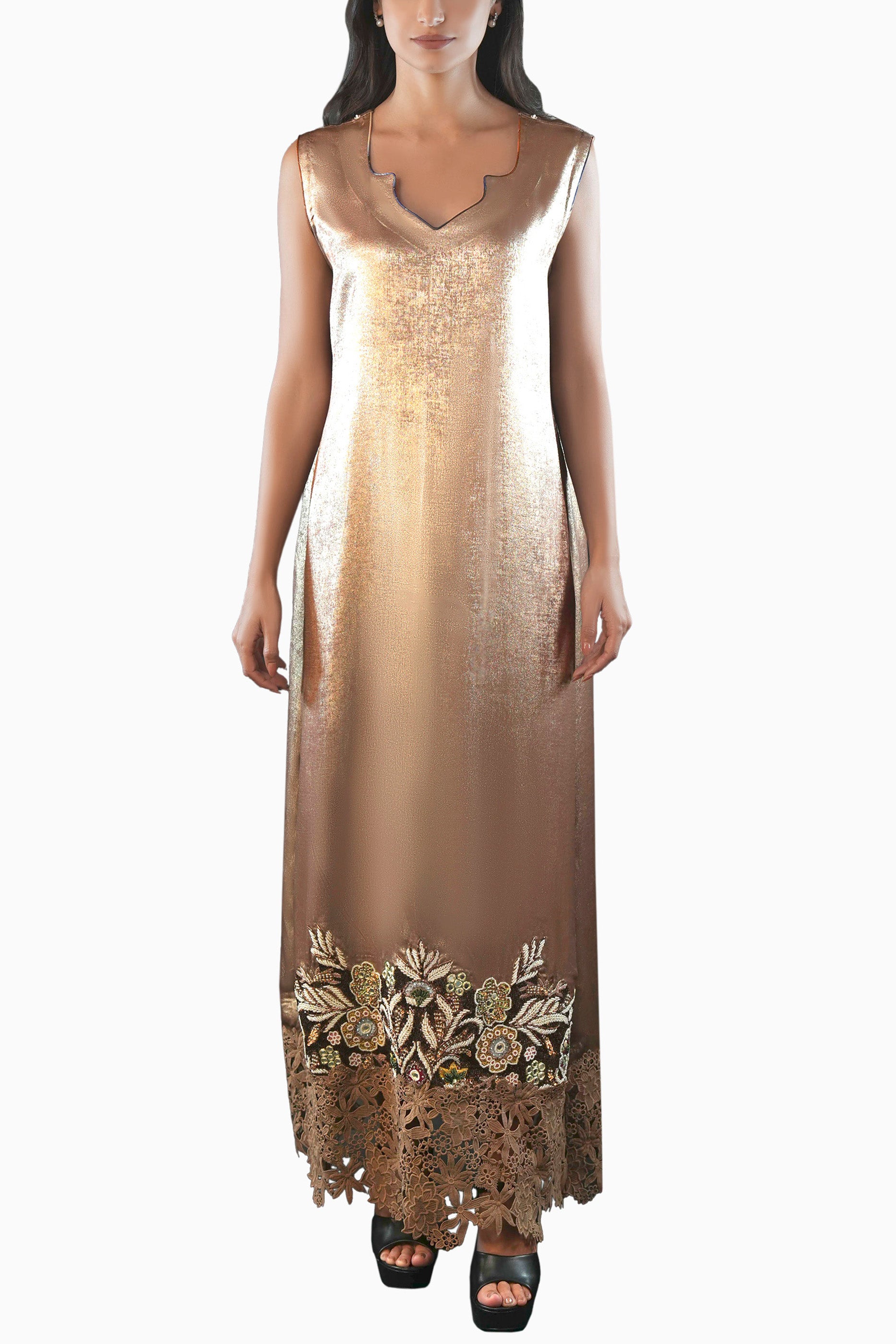 Saja Earth- Floral Lace Embroidered Kaftan with Inner dress Set
