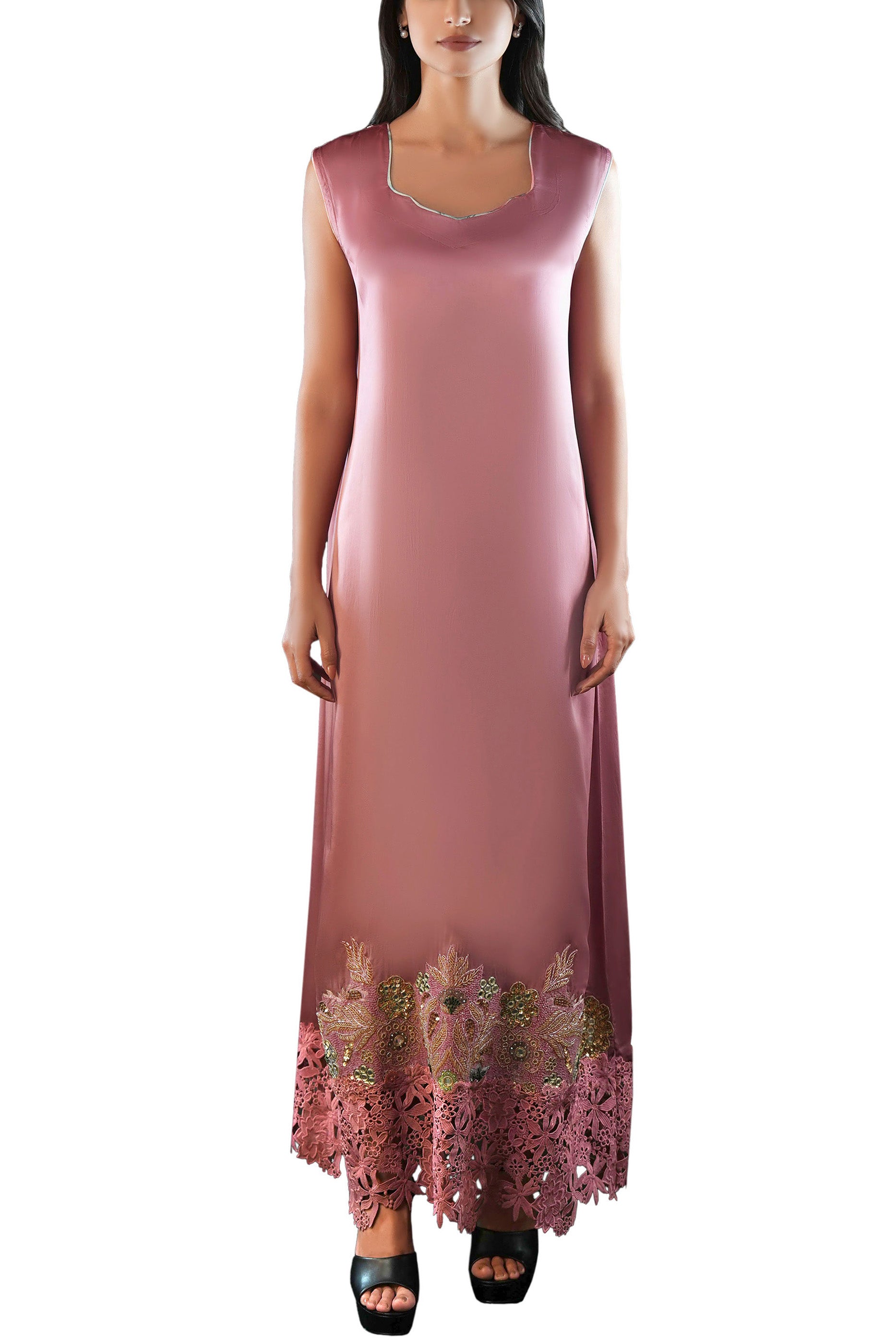 Saja Blush- Floral Lace Embroidered Kaftan with Inner dress Set