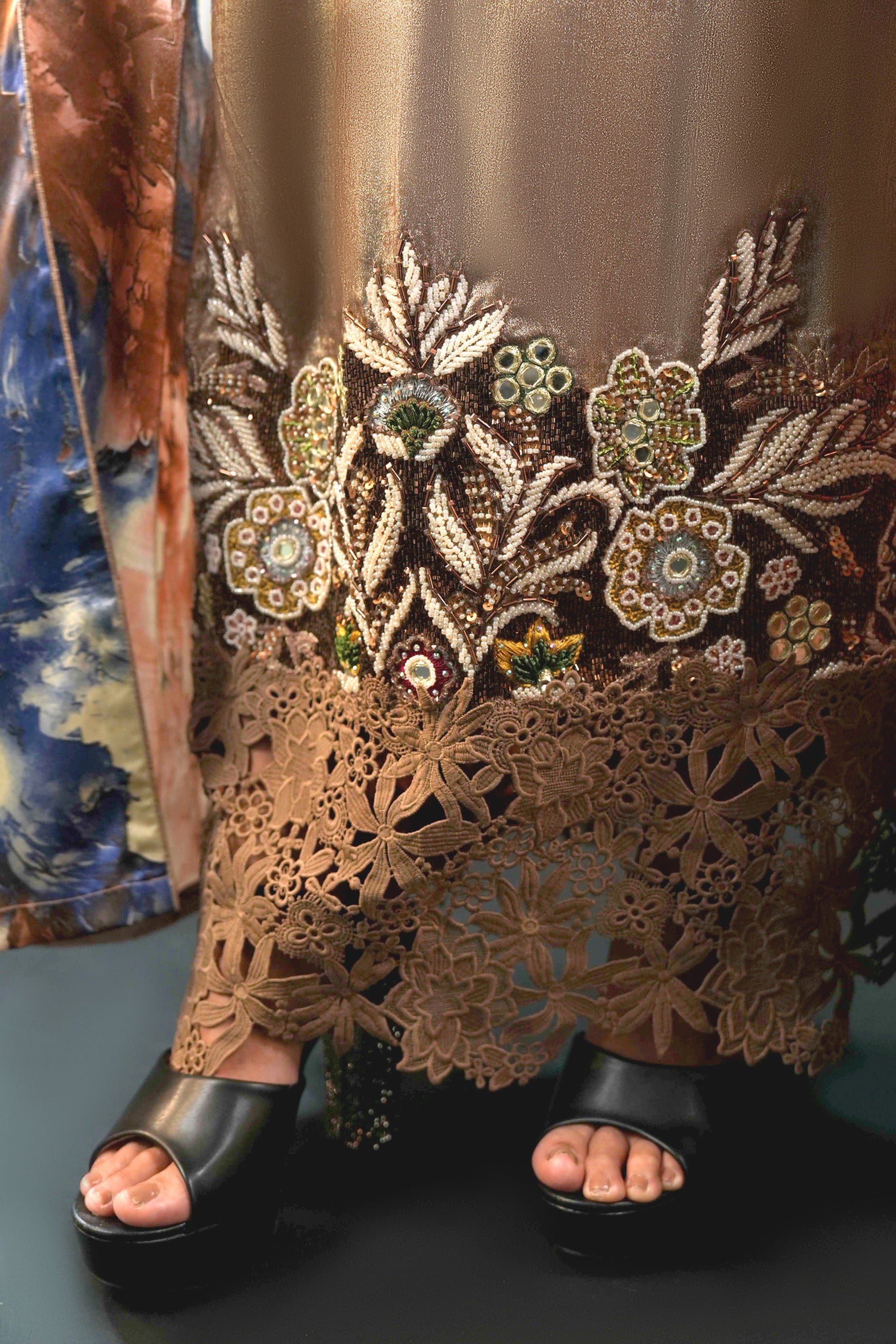 Saja Earth- Floral Lace Embroidered Kaftan with Inner dress Set