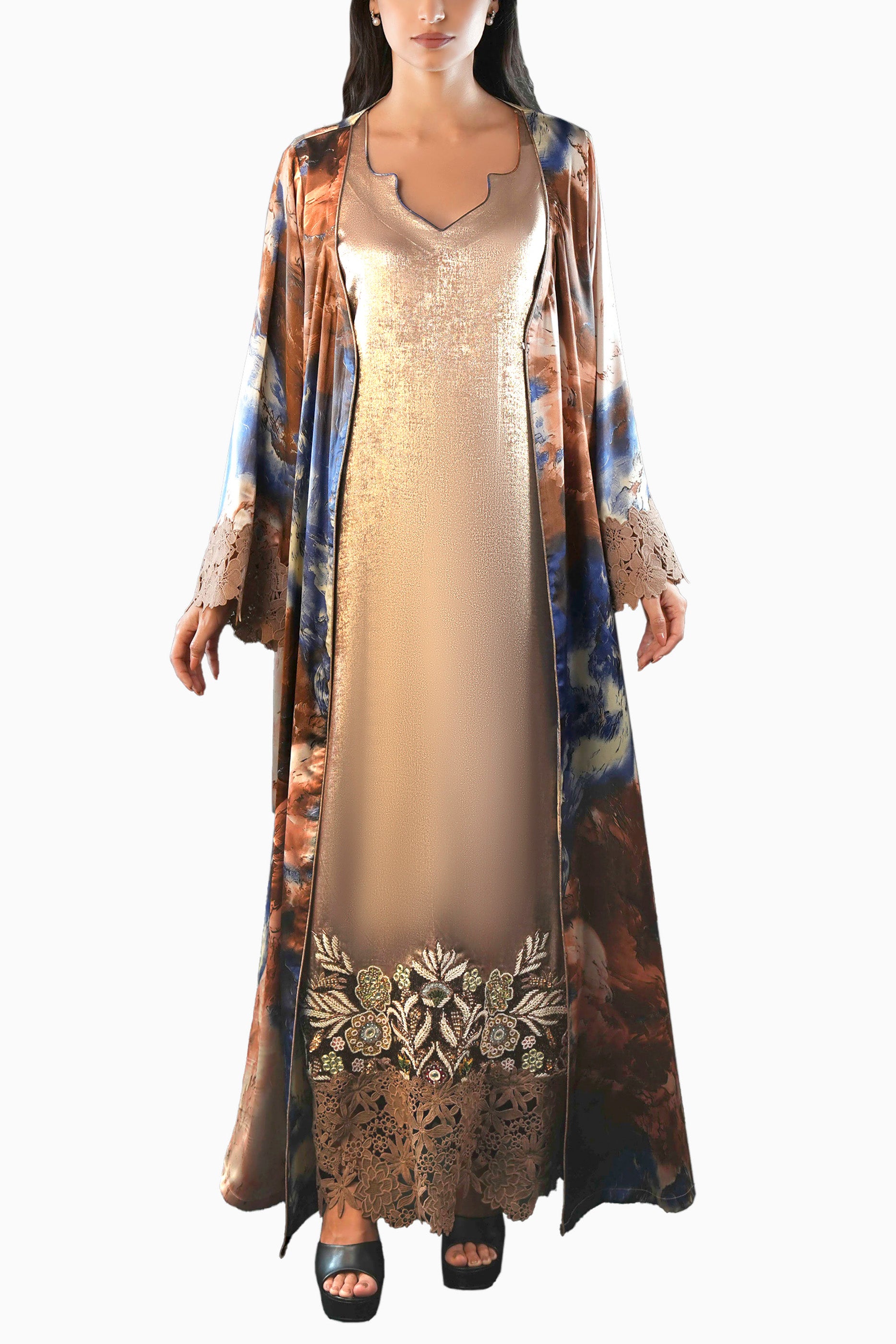 Saja Earth- Floral Lace Embroidered Kaftan with Inner dress Set