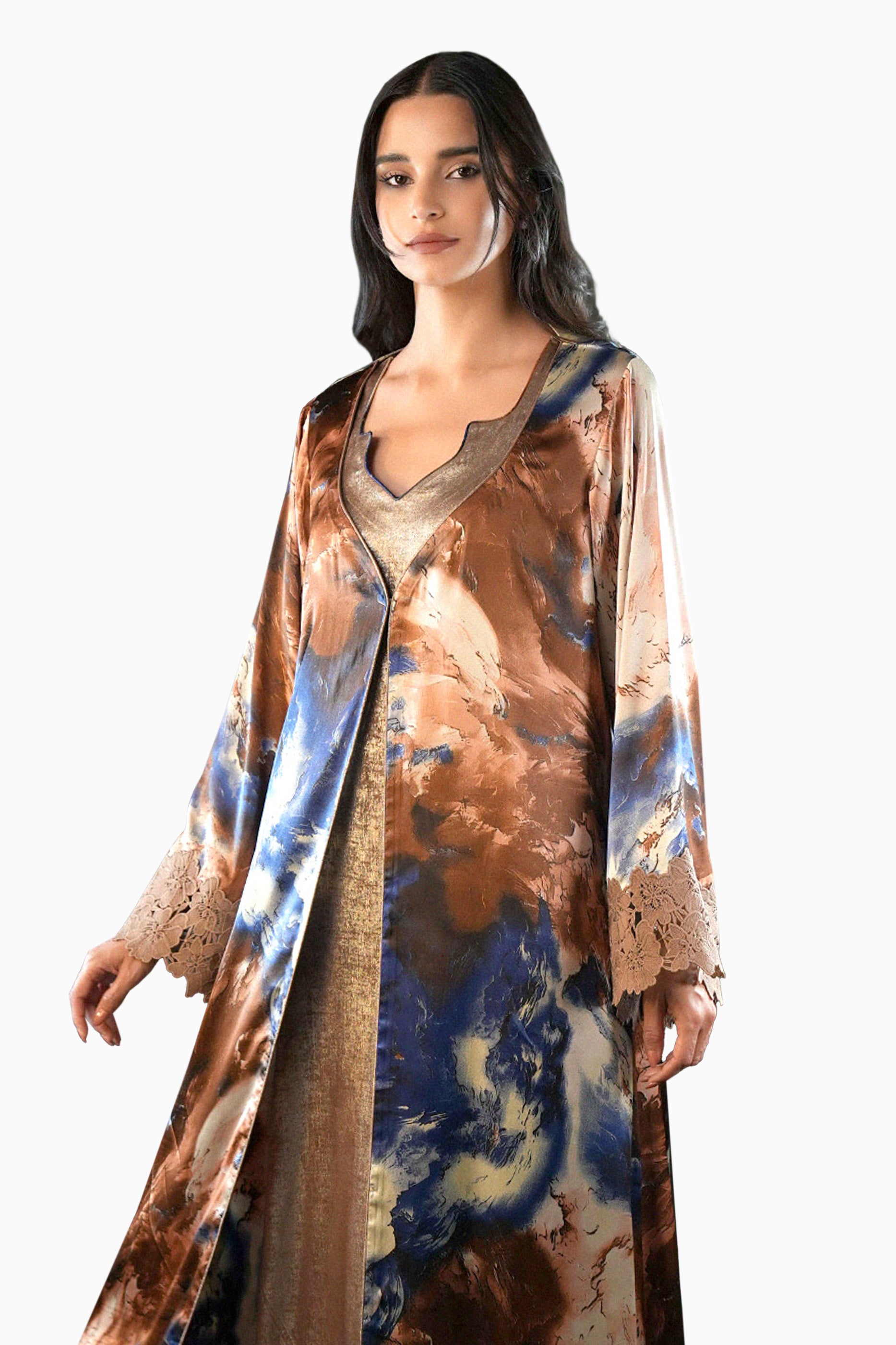 Saja Earth- Floral Lace Embroidered Kaftan with Inner dress Set