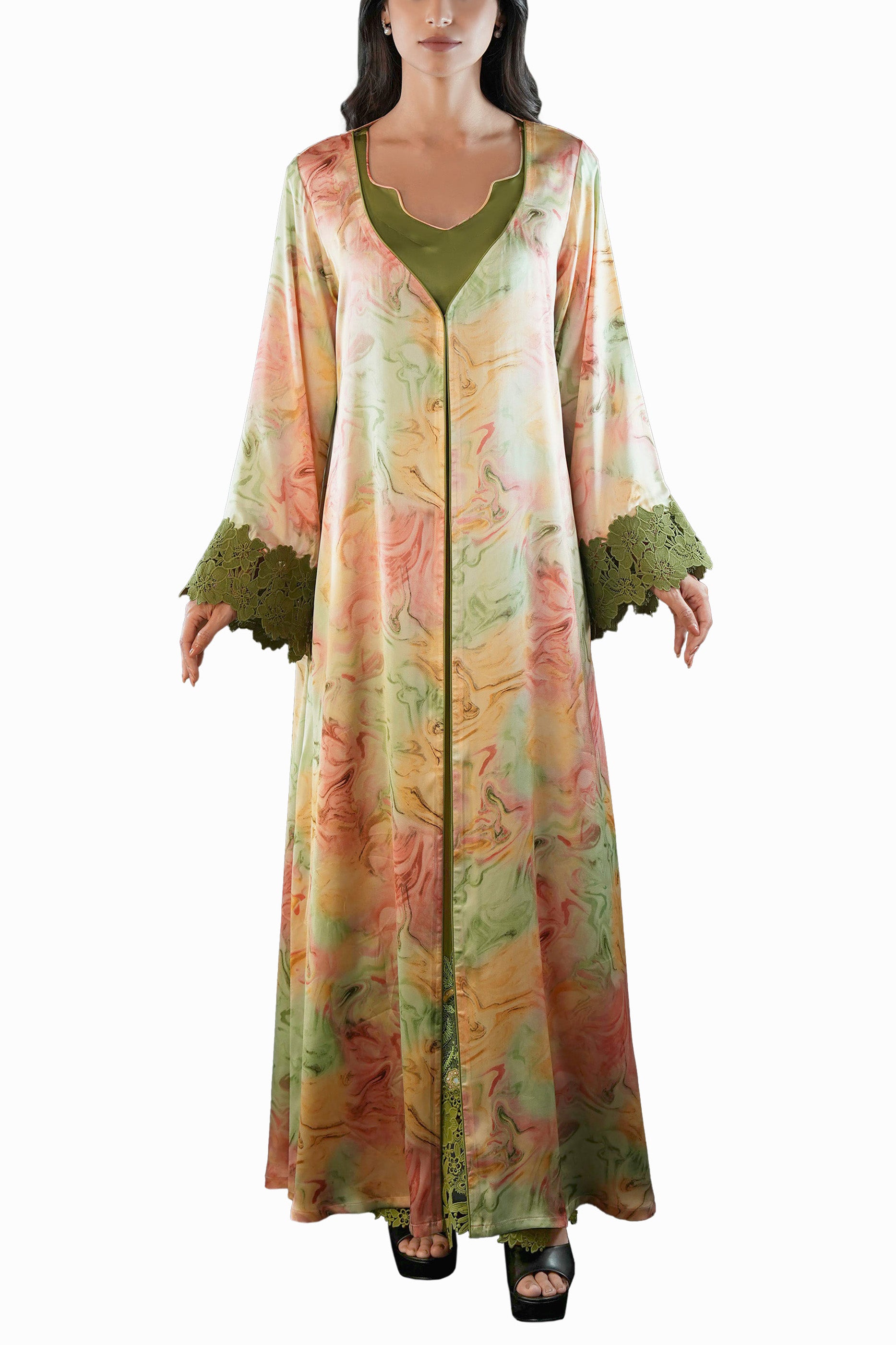 Saja Leaf- Floral Lace Embroidered Kaftan with Inner dress Set