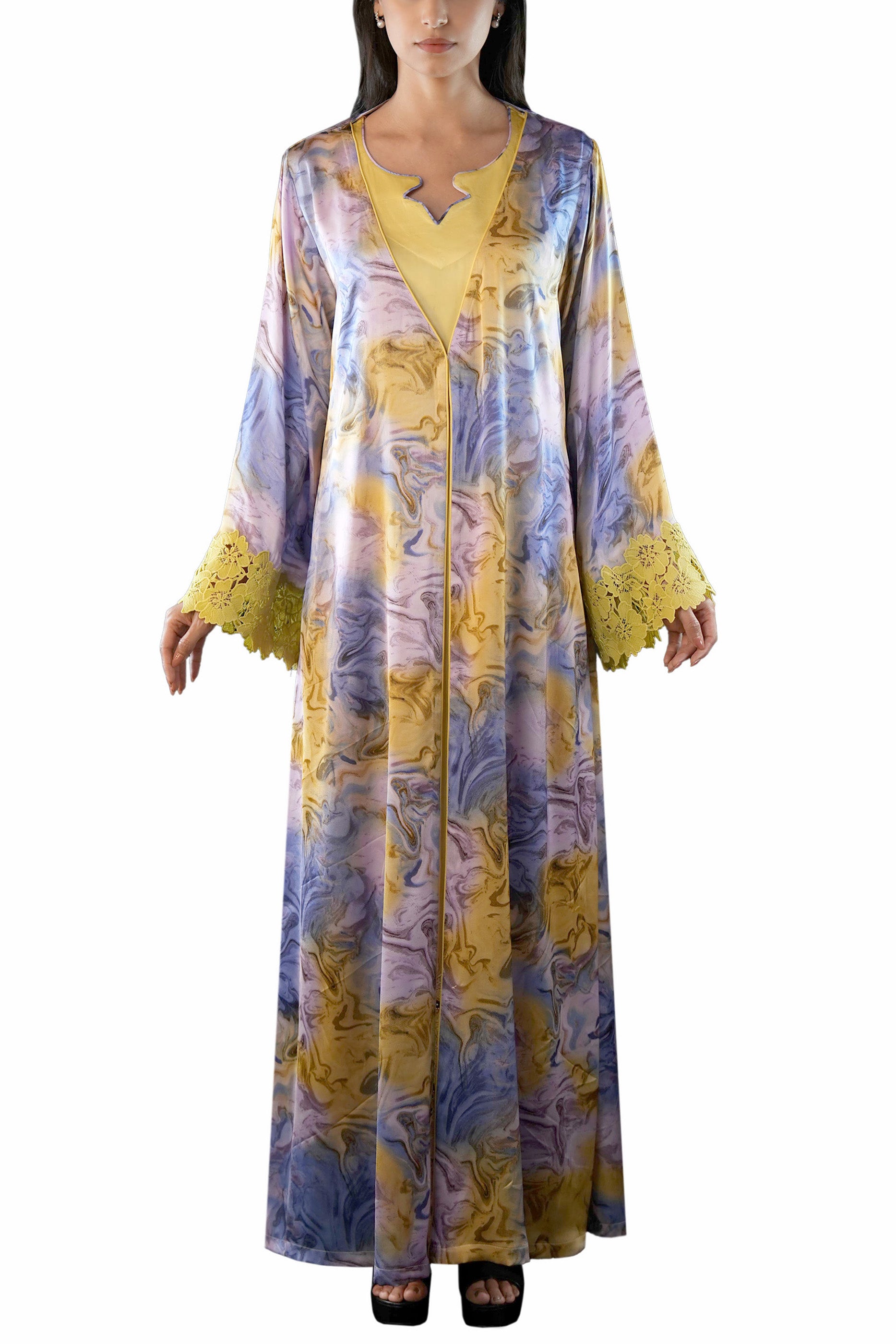 Saja Maize- Floral Lace Embroidered Kaftan with Inner dress Set