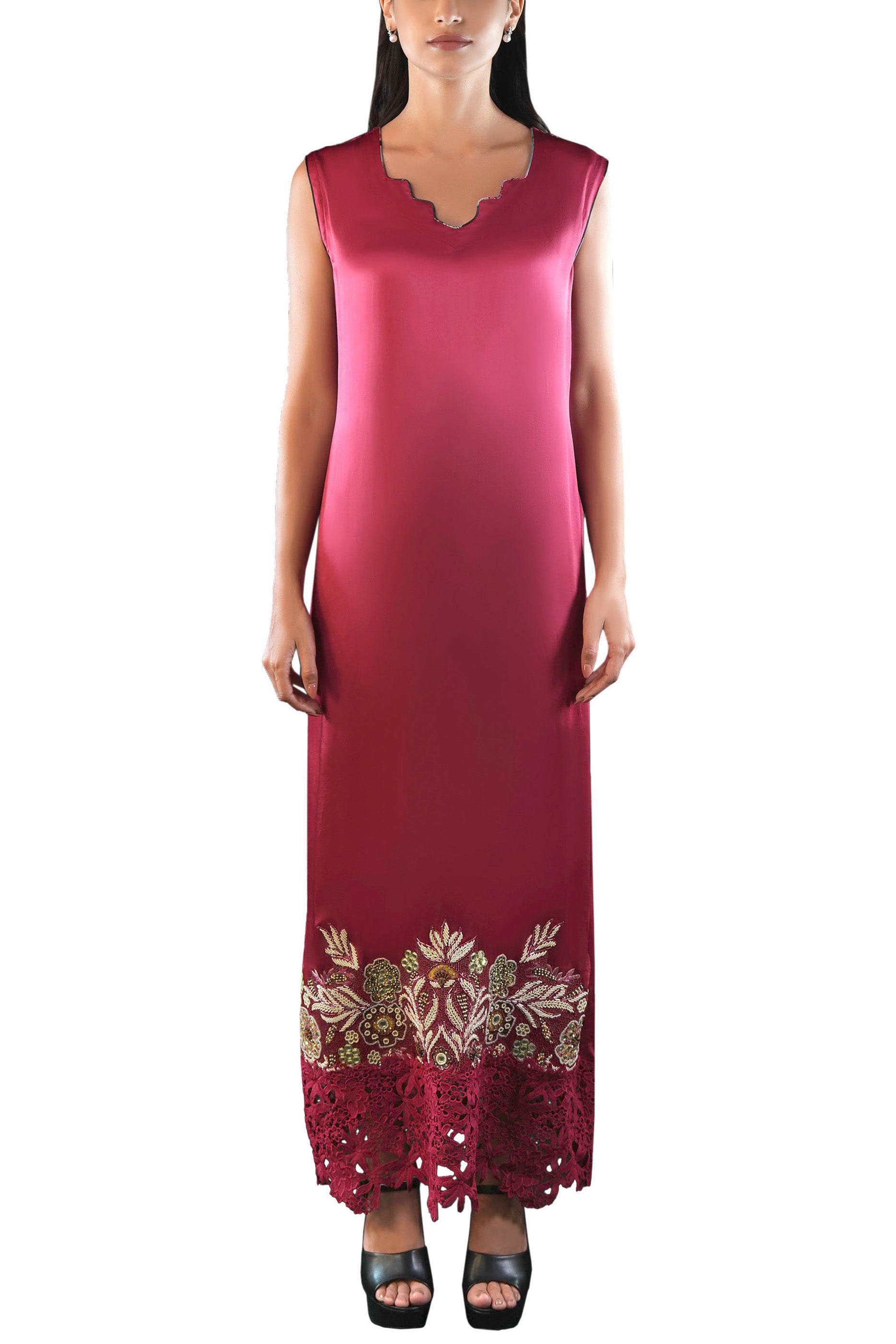 Saja Rose- Floral Lace Embroidered Kaftan with Inner dress Set