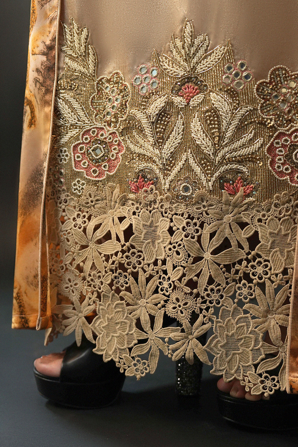 Saja Sand - Floral Lace Embroidered Kaftan with Inner dress Set