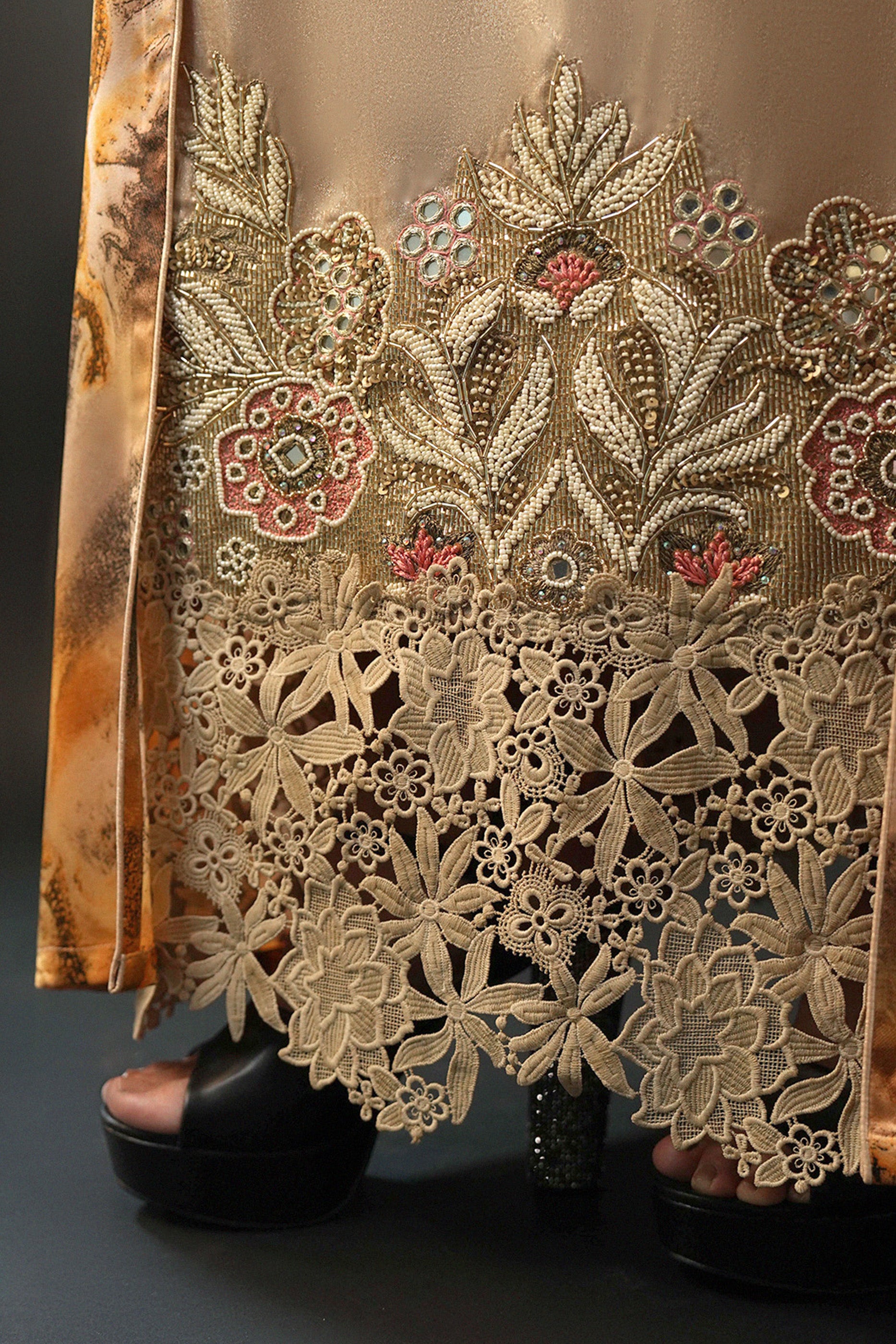 Saja Sand - Floral Lace Embroidered Kaftan with Inner dress Set