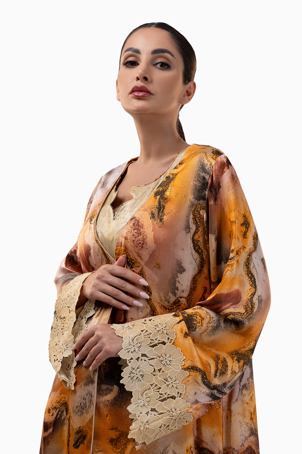 Saja Sand - Floral Lace Embroidered Kaftan with Inner dress Set