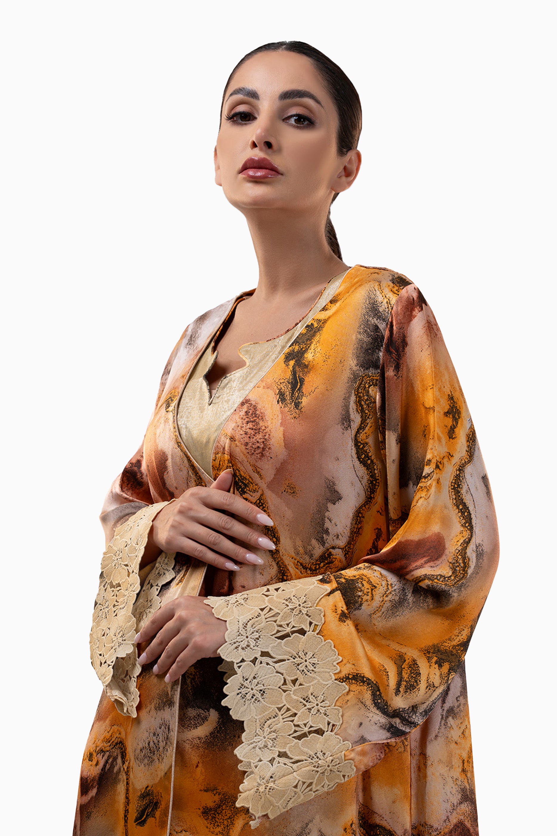 Saja Sand - Floral Lace Embroidered Kaftan with Inner dress Set