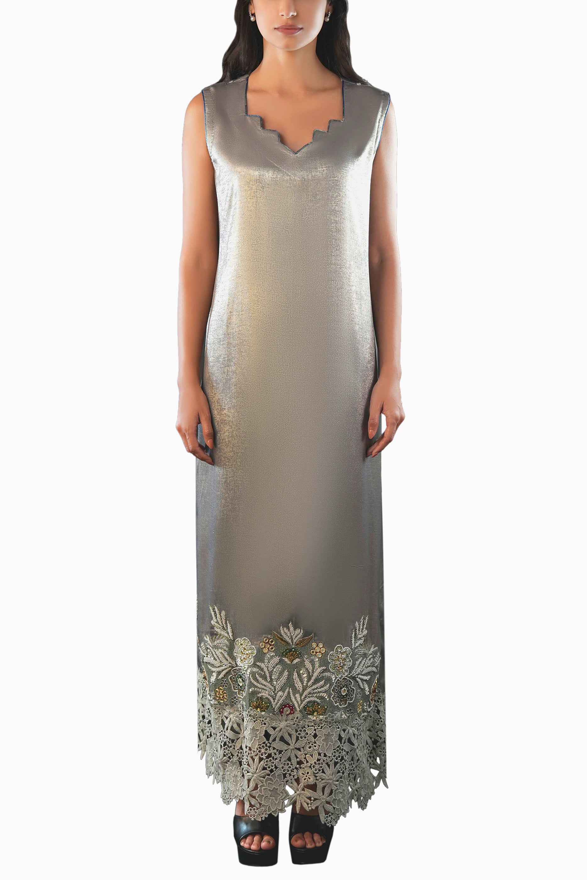 Saja- Floral Lace Embroidered Kaftan with Inner dress Set
