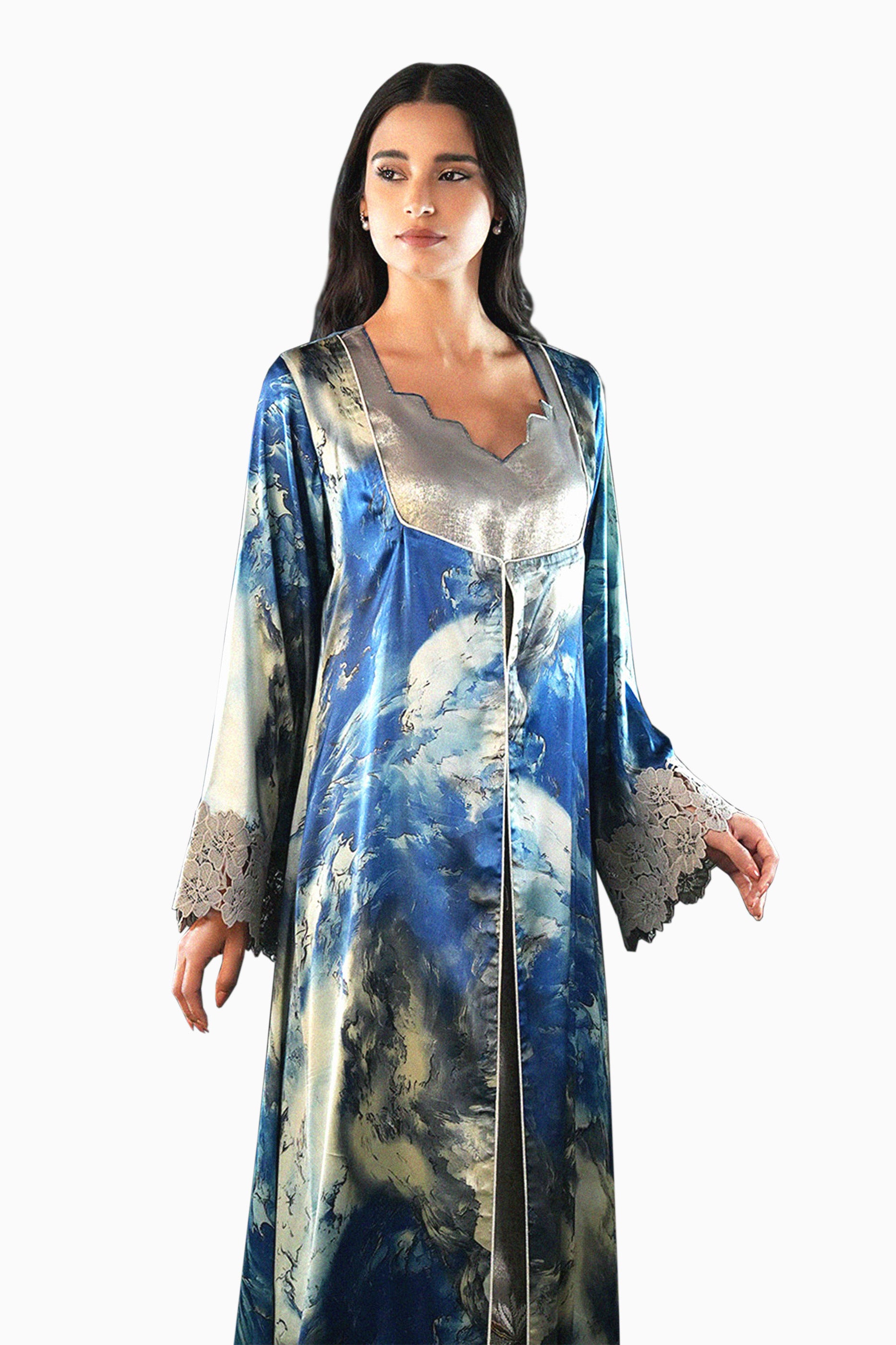 Saja- Floral Lace Embroidered Kaftan with Inner dress Set