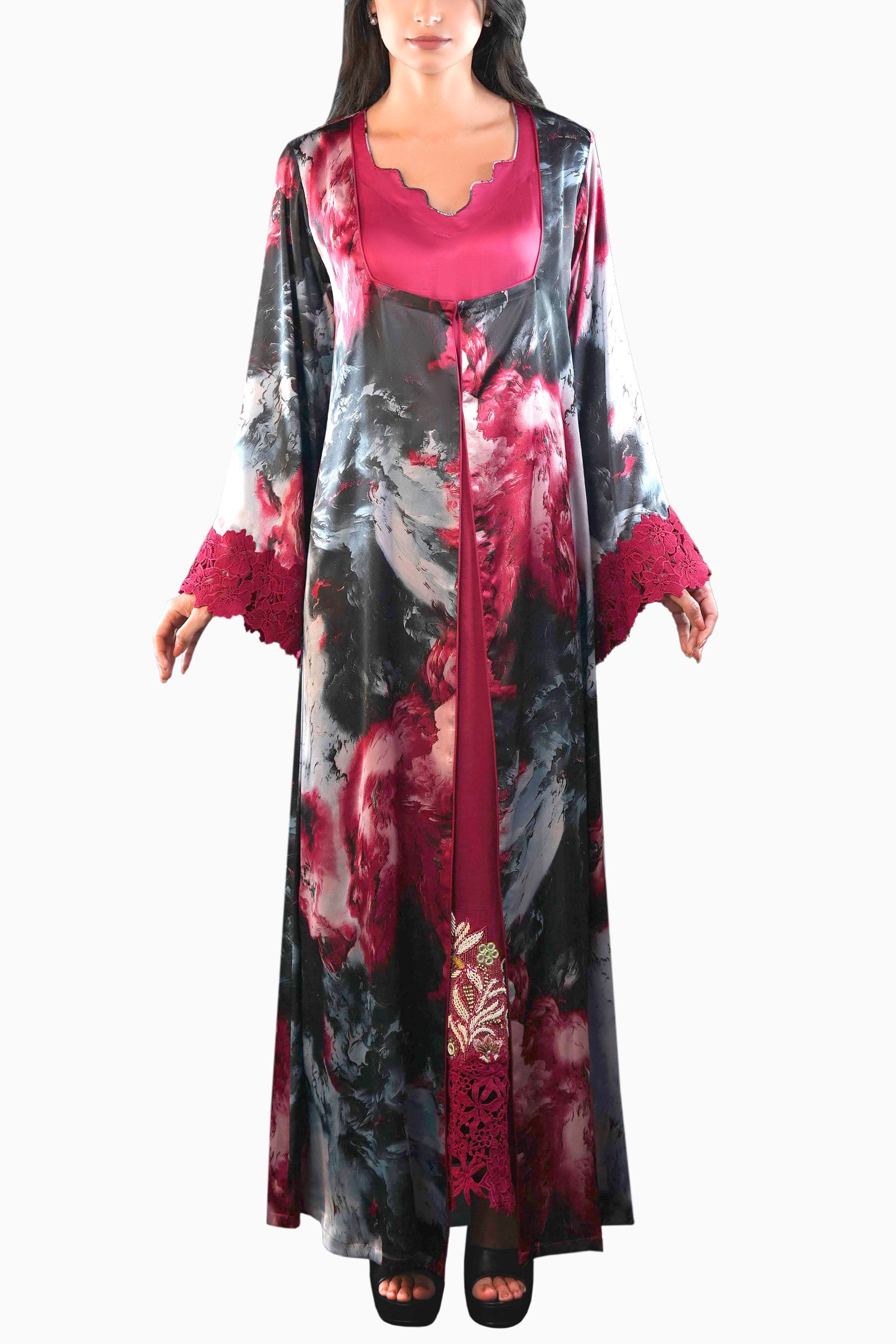 Saja Rose- Floral Lace Embroidered Kaftan with Inner dress Set