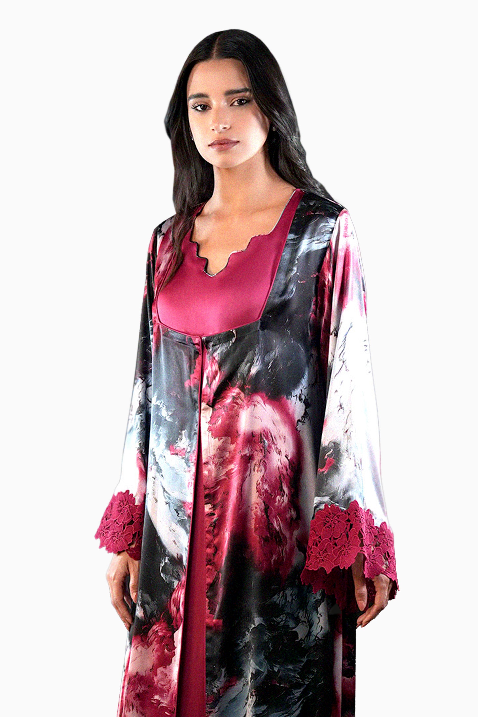 Saja Rose- Floral Lace Embroidered Kaftan with Inner dress Set