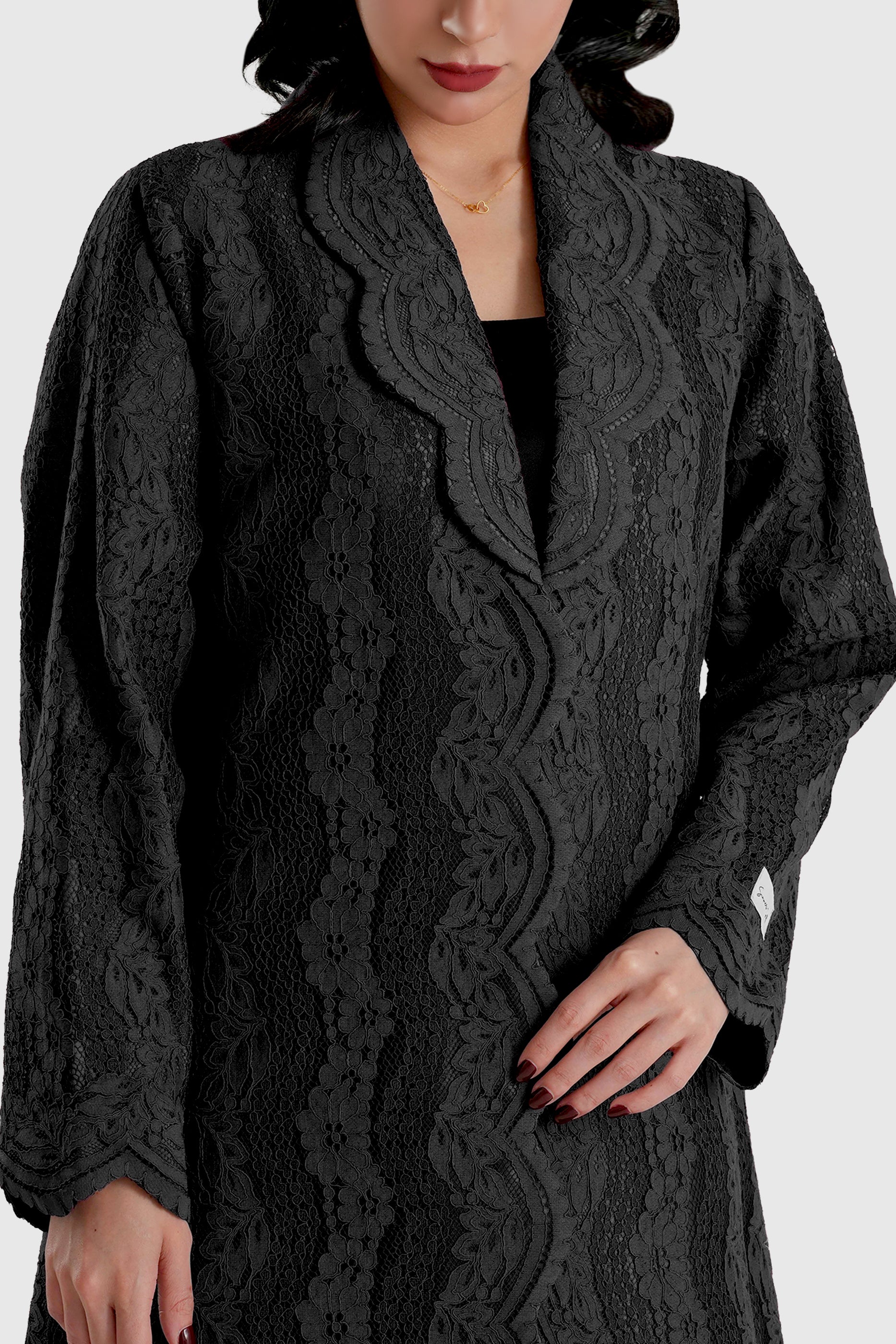 Sama Black - Collared Floral Lace Scallop Abaya with Matching Shella