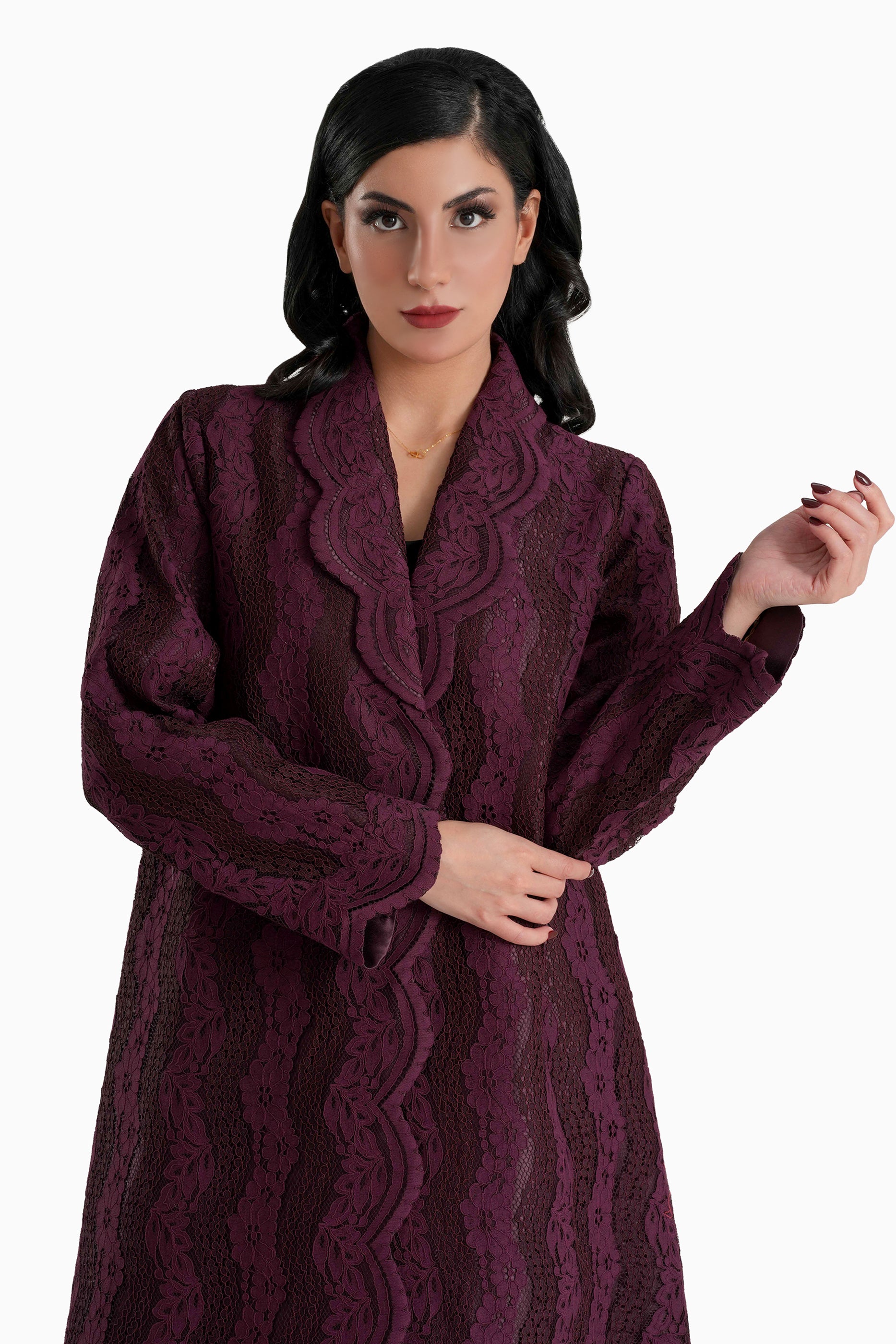 Sama Burgundy  - Collared Floral Lace Scallop Abaya with Matching Shella