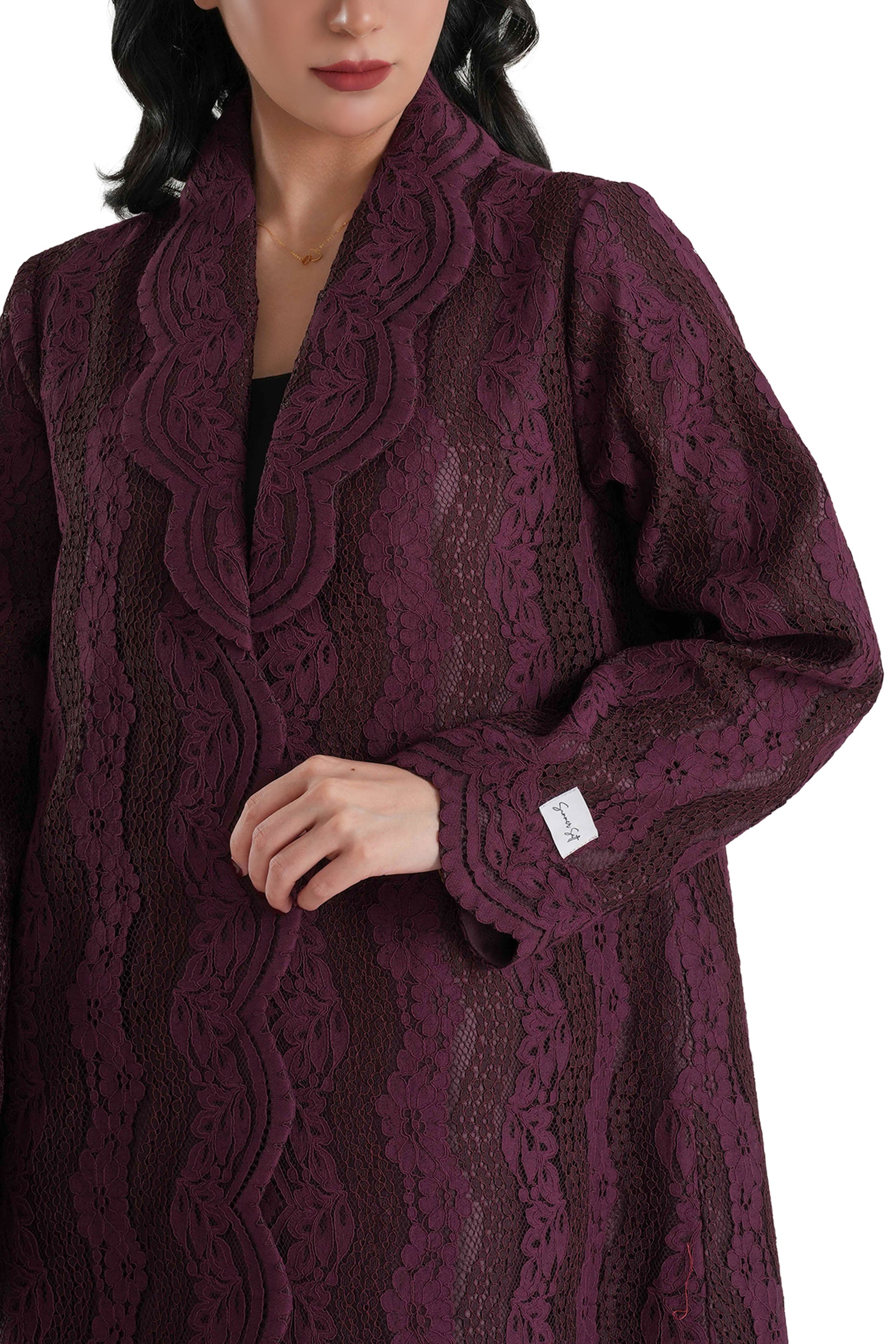 Sama Burgundy  - Collared Floral Lace Scallop Abaya with Matching Shella