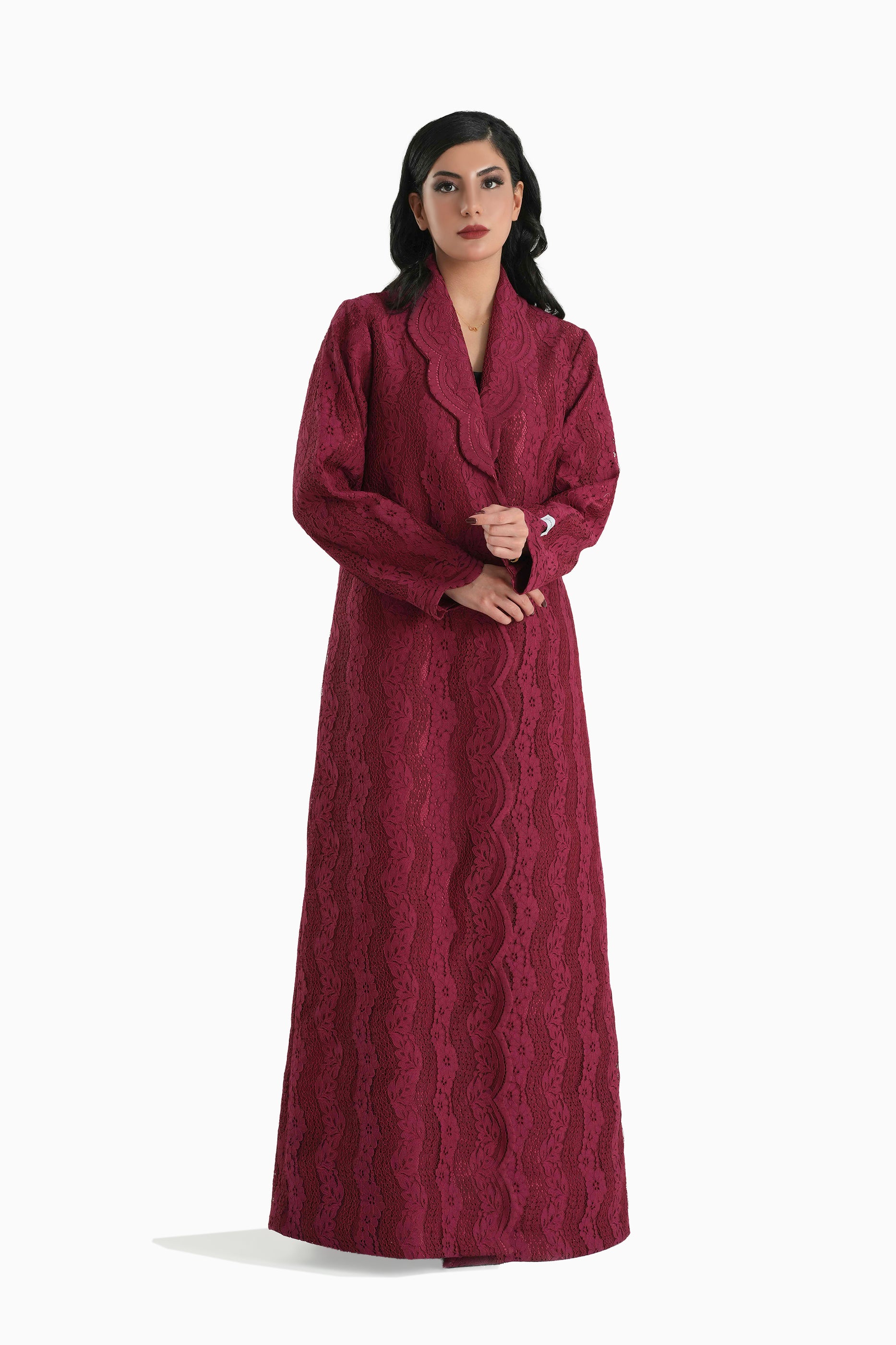 Sama Dark Red - Collared Floral Lace Scallop Abaya with Matching Shella