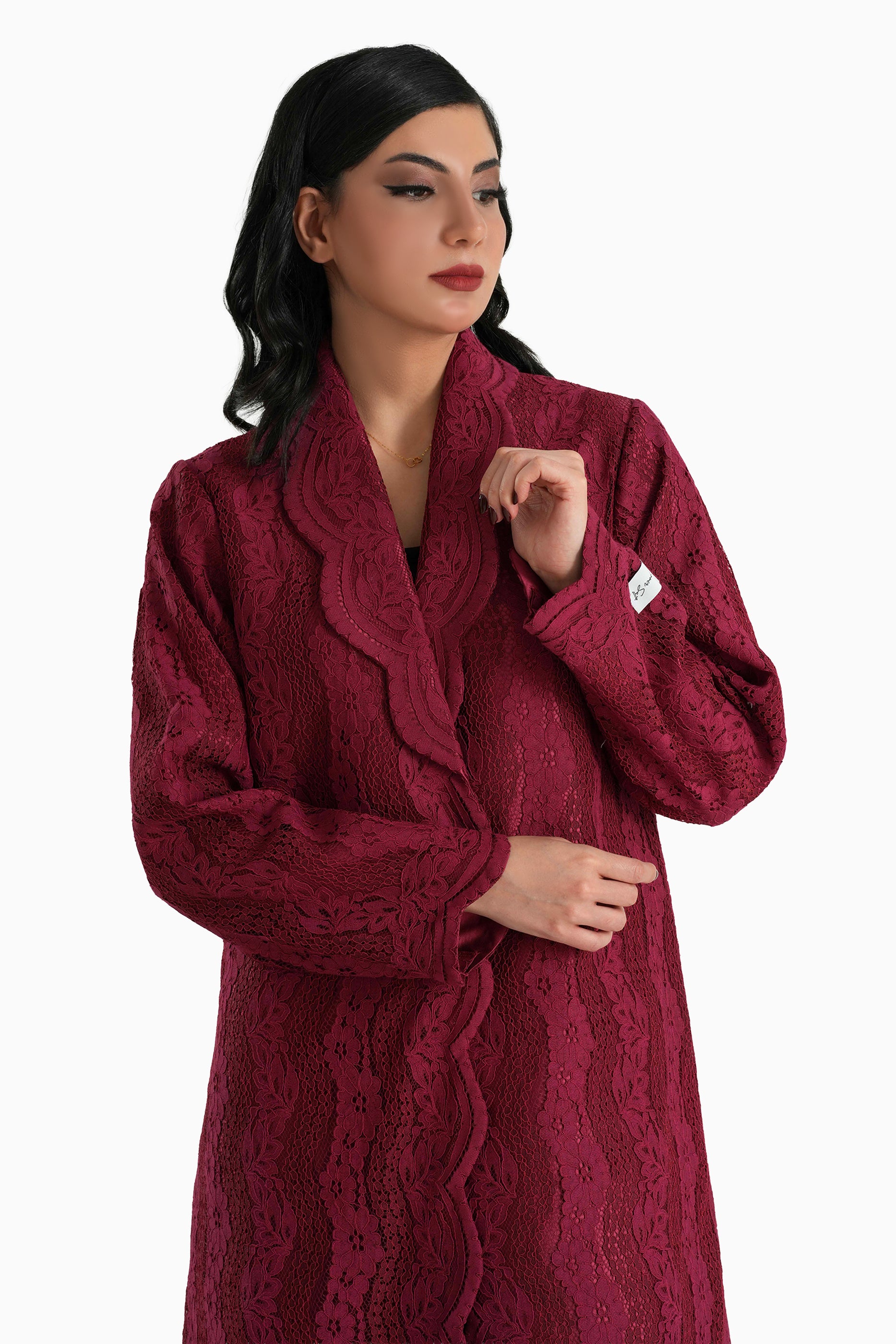 Sama Dark Red - Collared Floral Lace Scallop Abaya with Matching Shella