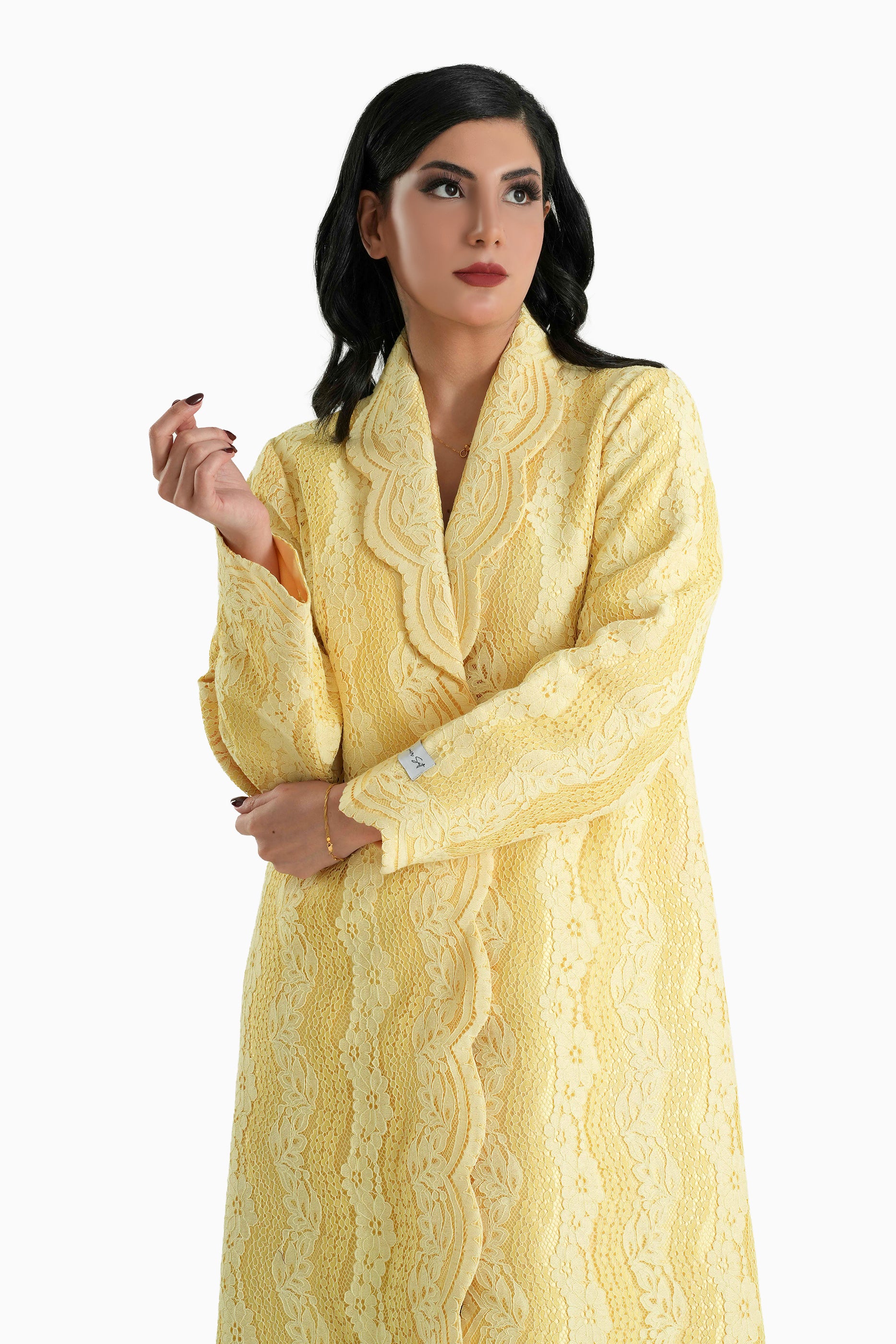 Sama Yellow - Collared Floral Lace Scallop Abaya with Matching Shella