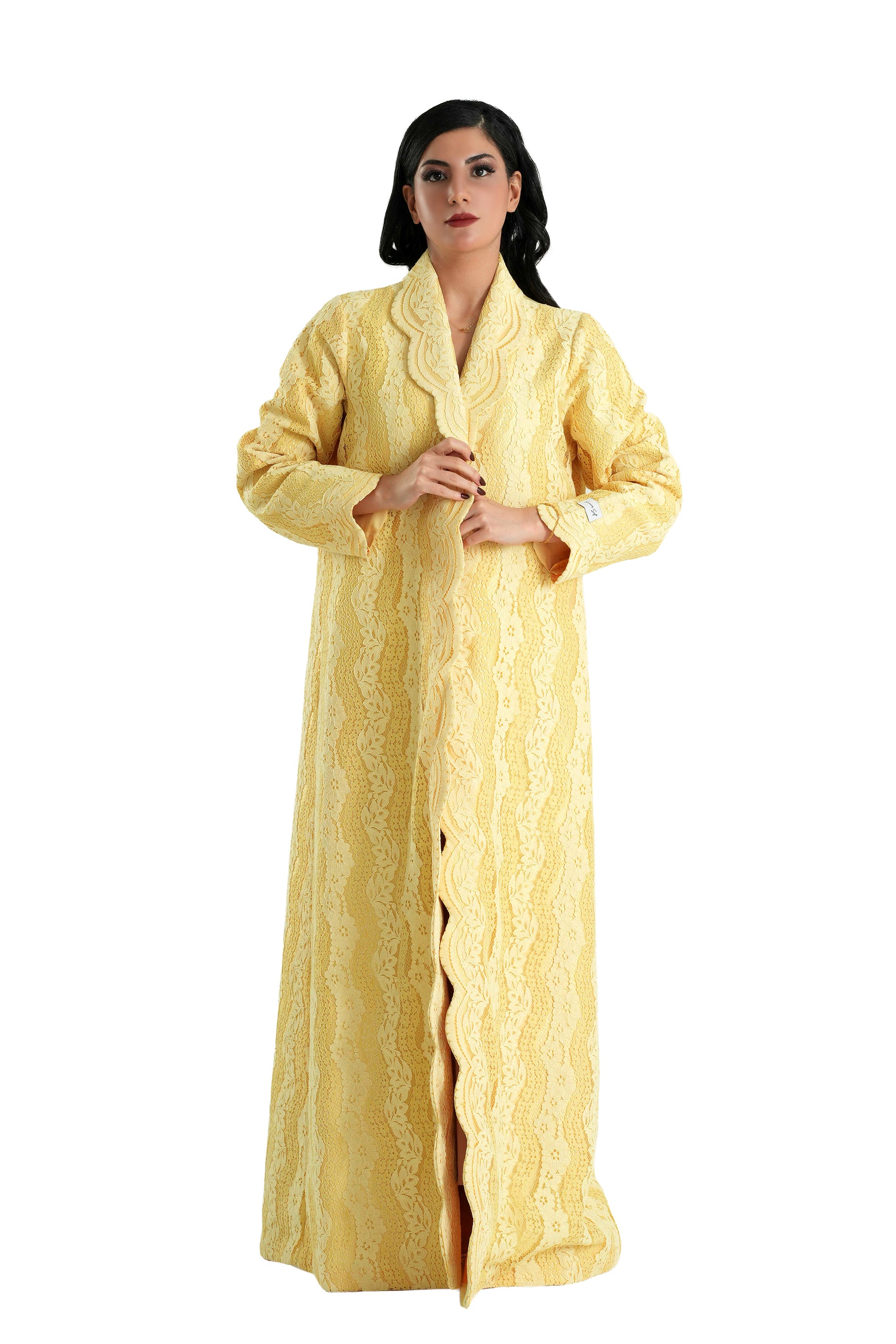 Sama Yellow - Collared Floral Lace Scallop Abaya with Matching Shella