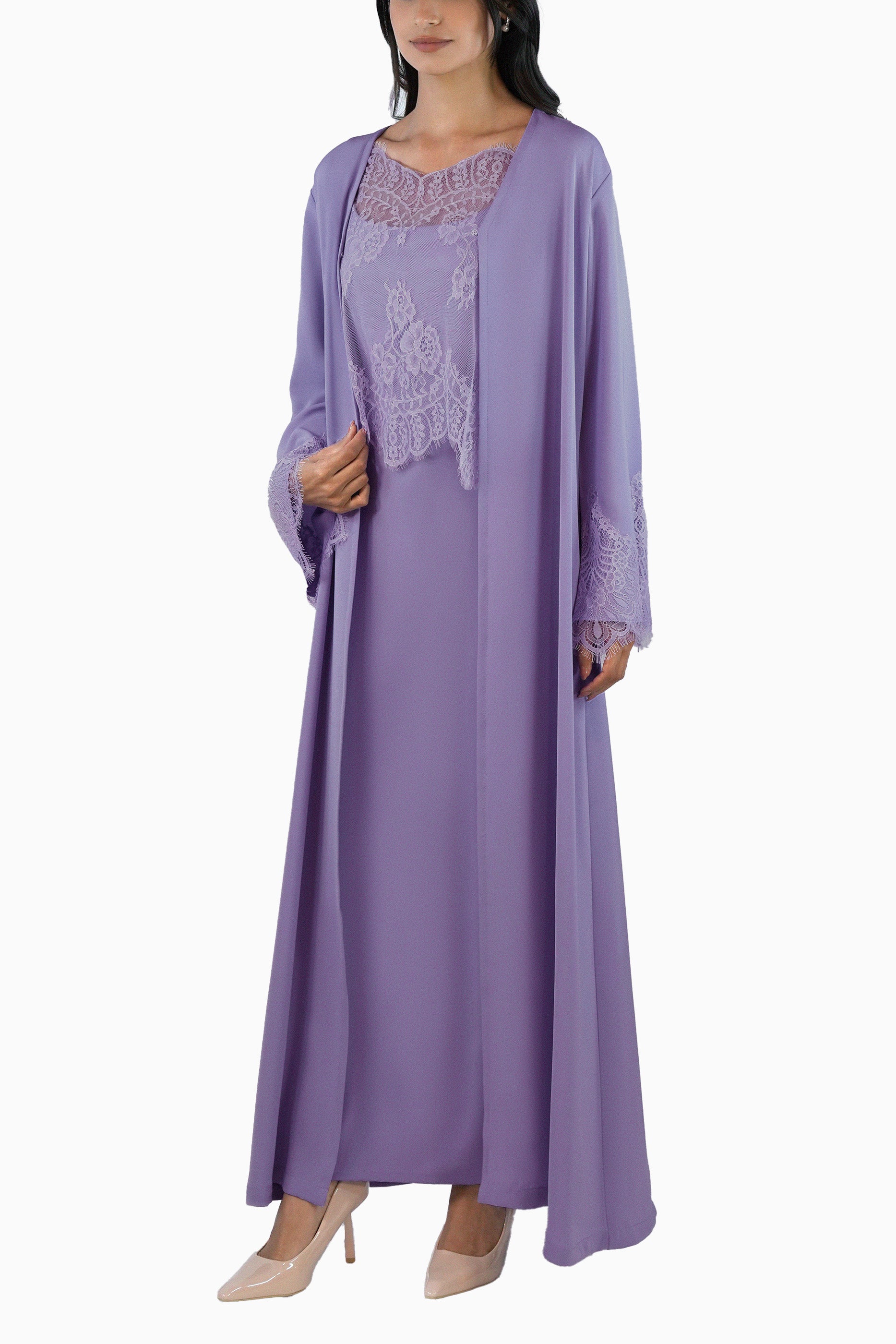 Shaden Lavender- Lace Abaya with Lace Inner Dress Set