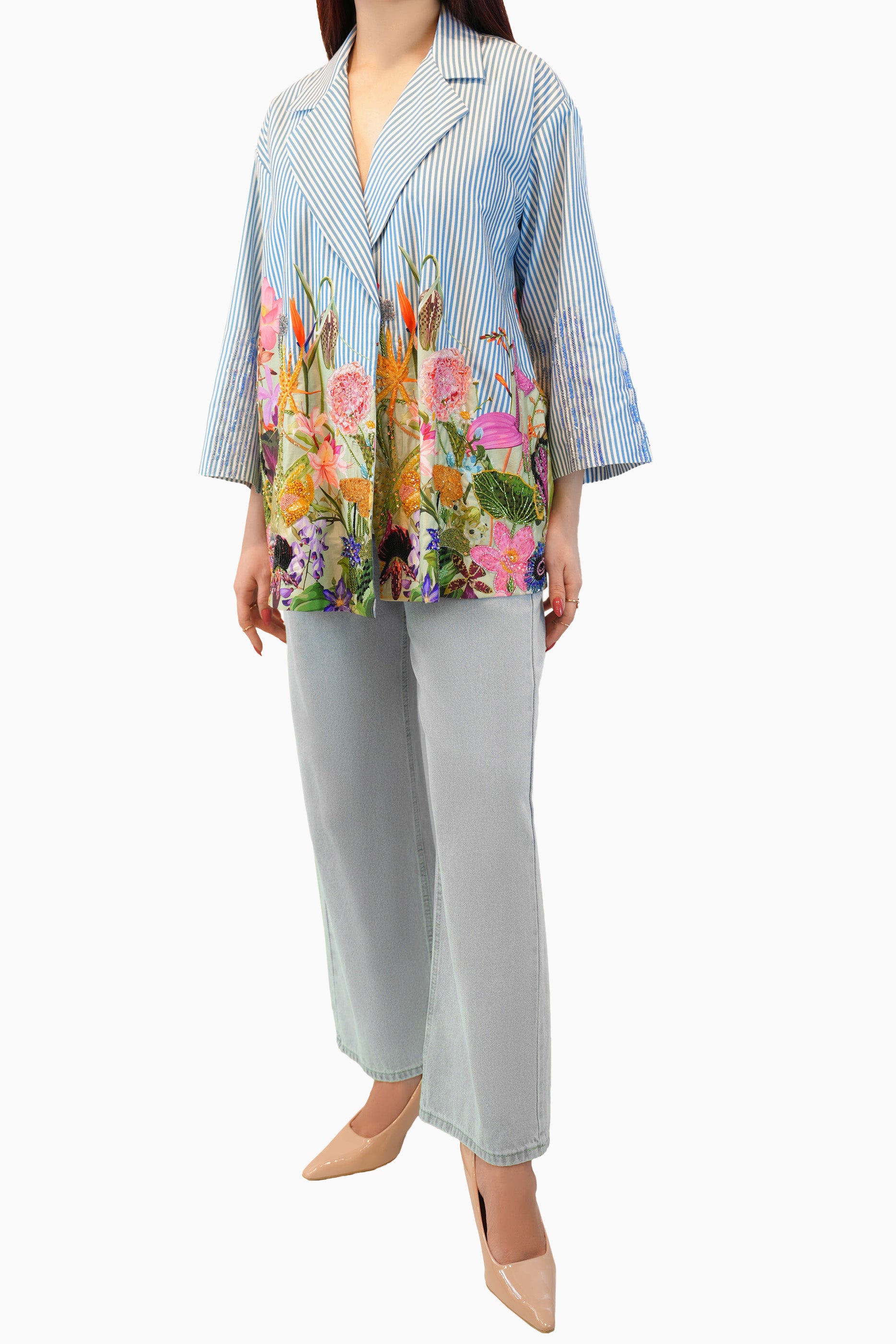 Yasma - Floral Embroidered Printed Long Sleeve Blazer Top