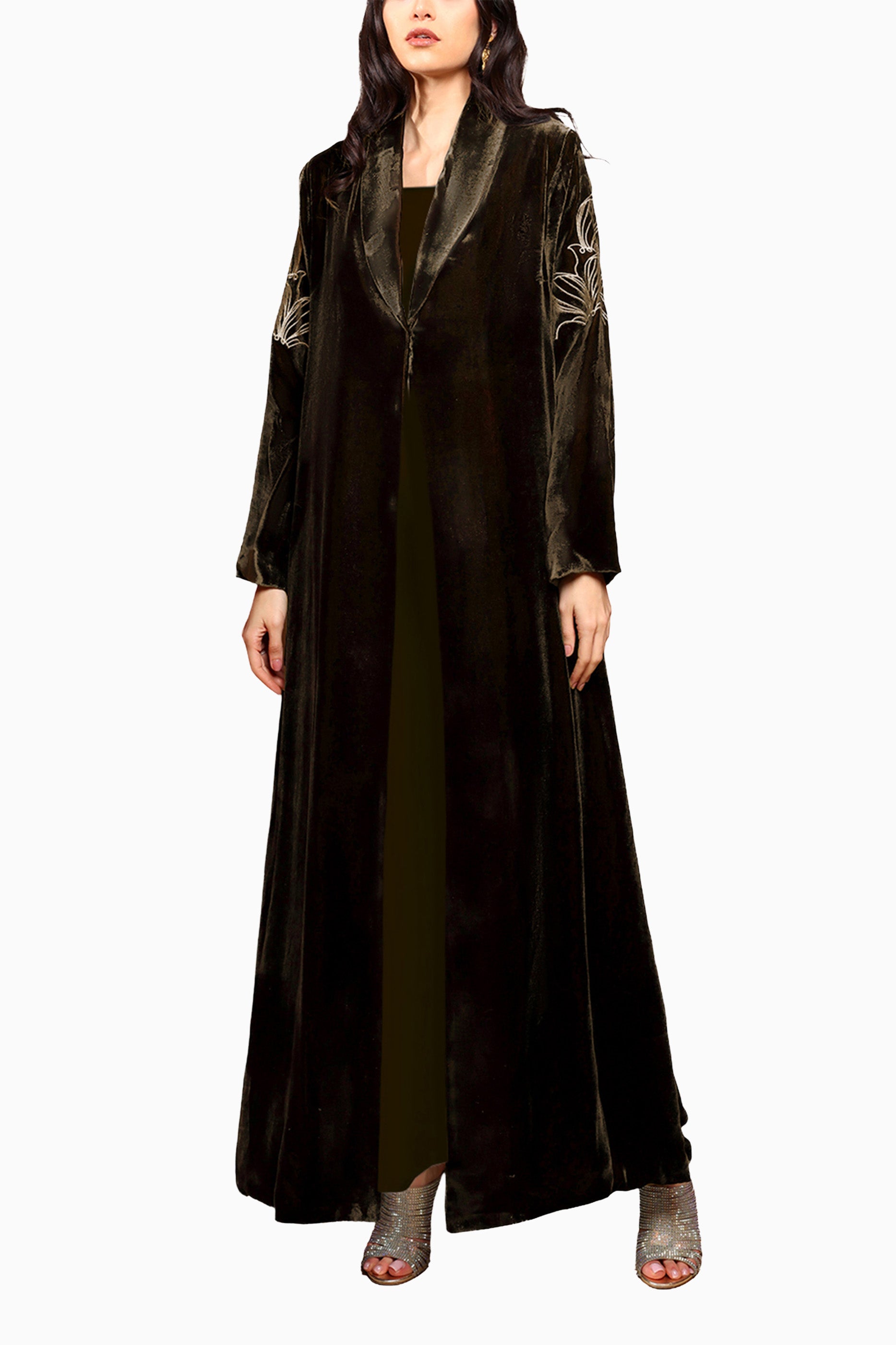 Warda Black Brown - Classic Velvet Abaya with Floral Embroidery Detail