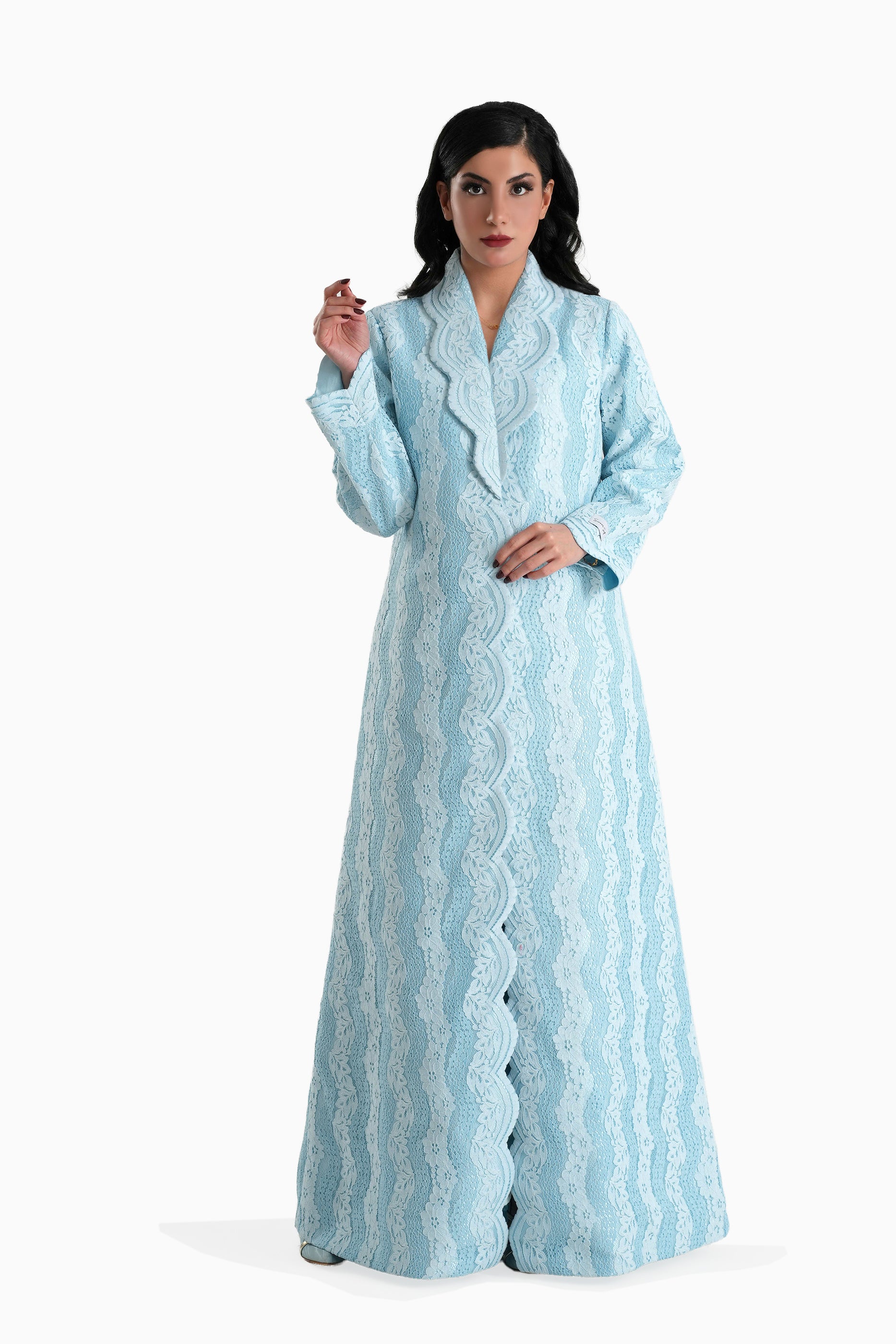 Sama Pastel Blue - Collared Floral Lace Scallop Abaya with Matching Shella