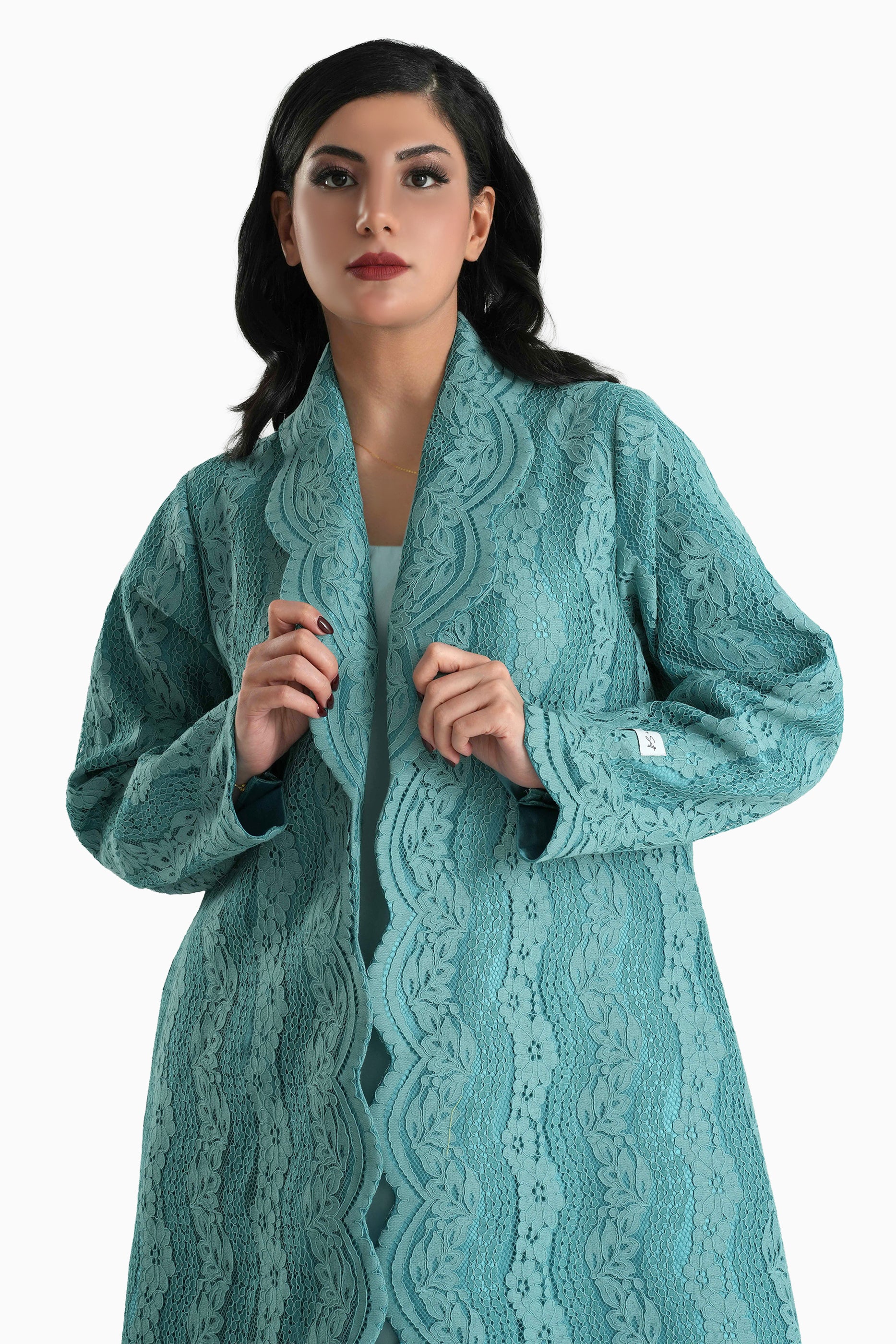 Sama Teal - Collared Floral Lace Scallop Abaya with Matching Shella