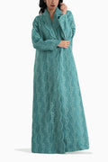 Sama Teal - Collared Floral Lace Scallop Abaya with Matching Shella