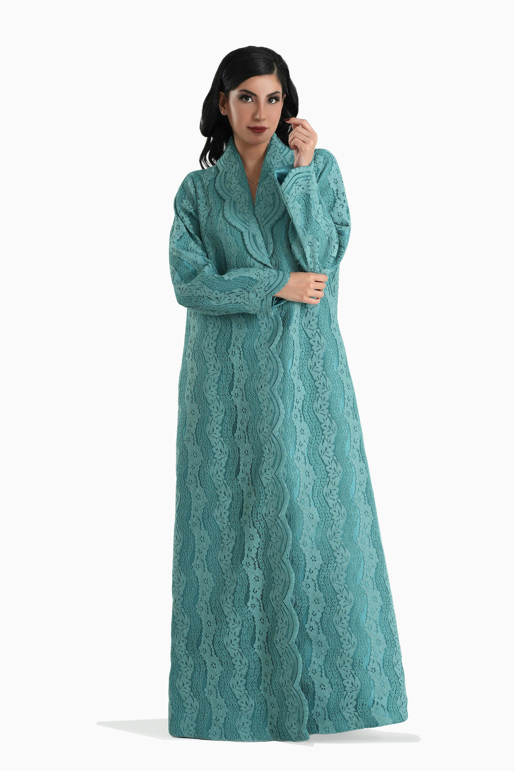 Sama Teal - Collared Floral Lace Scallop Abaya with Matching Shella