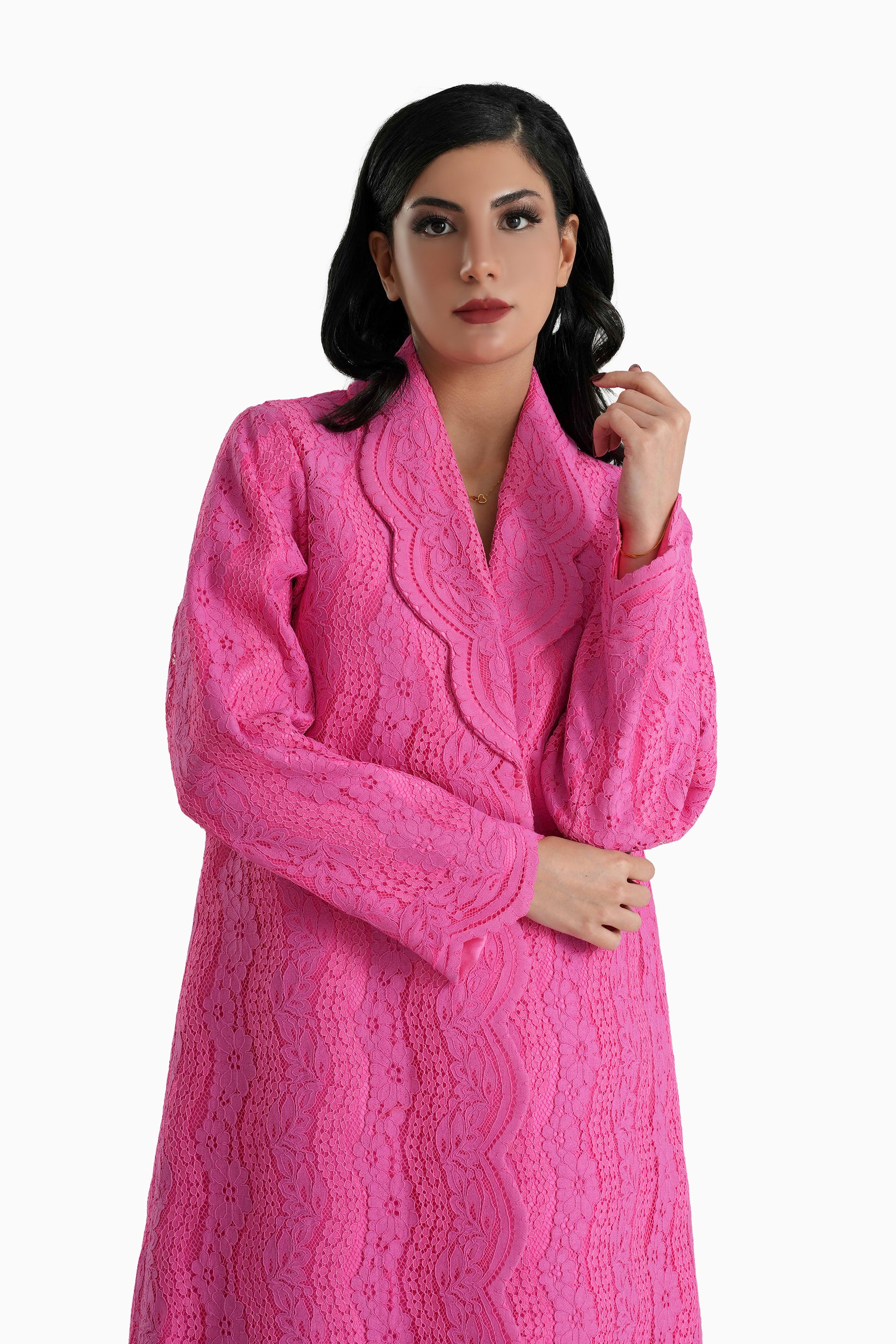 Sama Dark Pink - Collared Floral Lace Scallop Abaya with Matching Shella