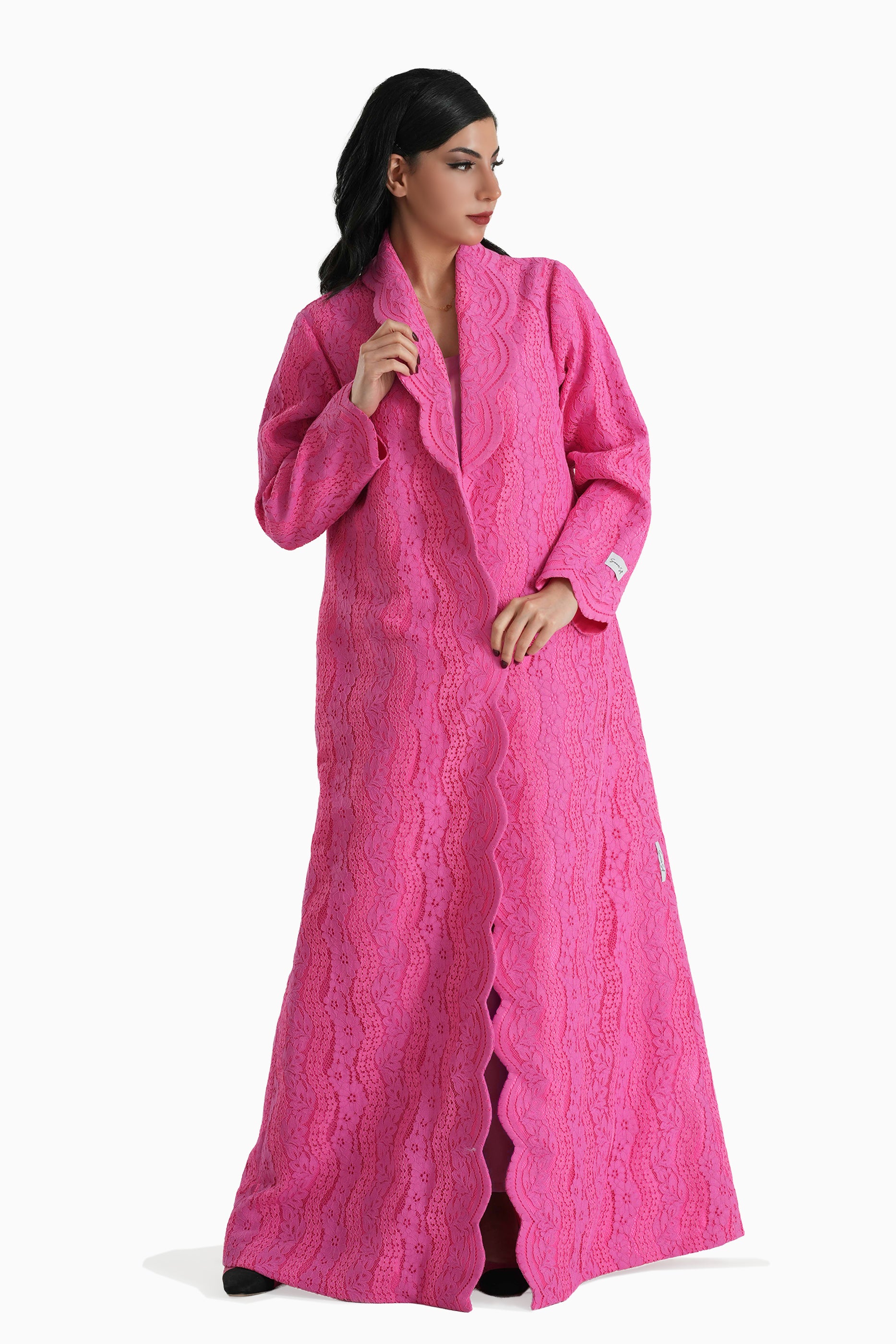 Sama Dark Pink - Collared Floral Lace Scallop Abaya with Matching Shella