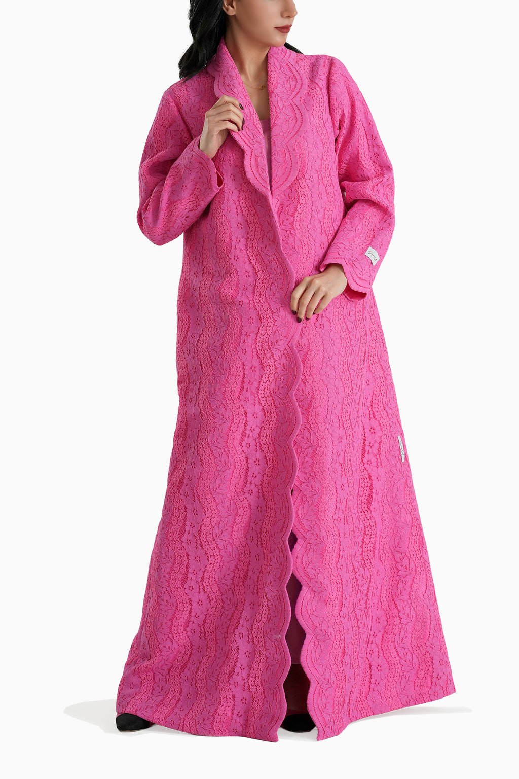 Sama Dark Pink - Collared Floral Lace Scallop Abaya with Matching Shella