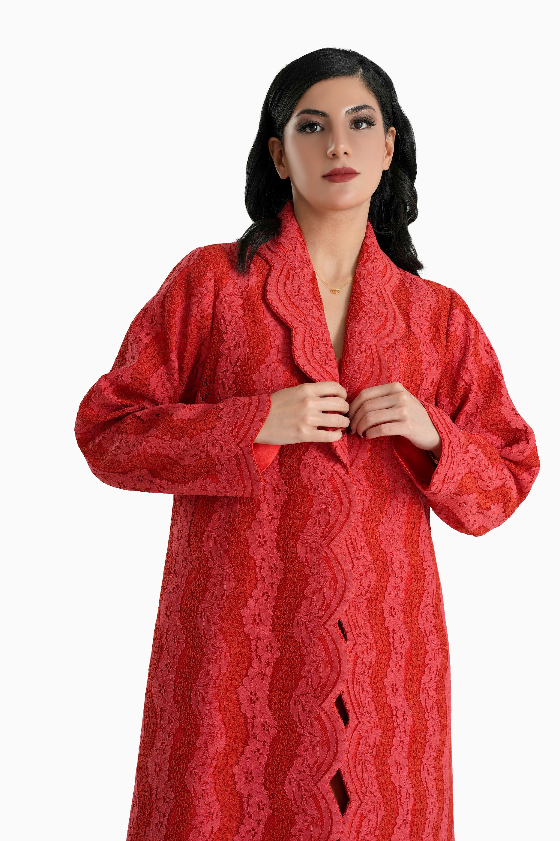 Sama Red - Collared Floral Lace Scallop Abaya with Matching Shella